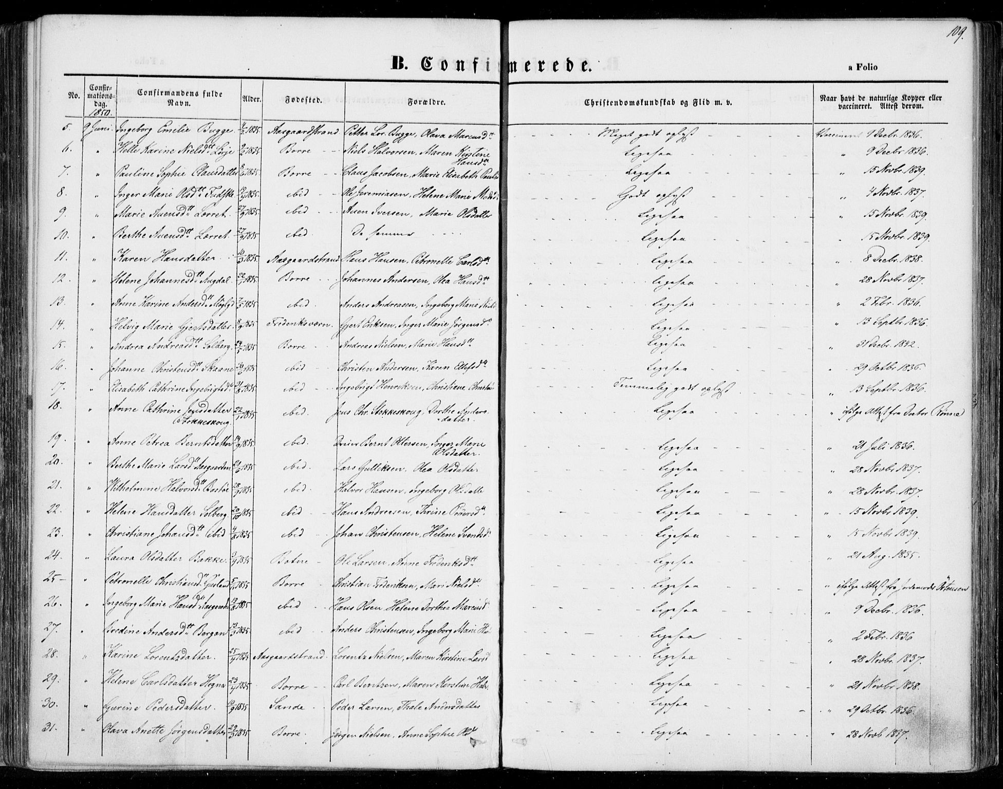 Borre kirkebøker, SAKO/A-338/F/Fa/L0005: Parish register (official) no. I 5, 1845-1851, p. 109