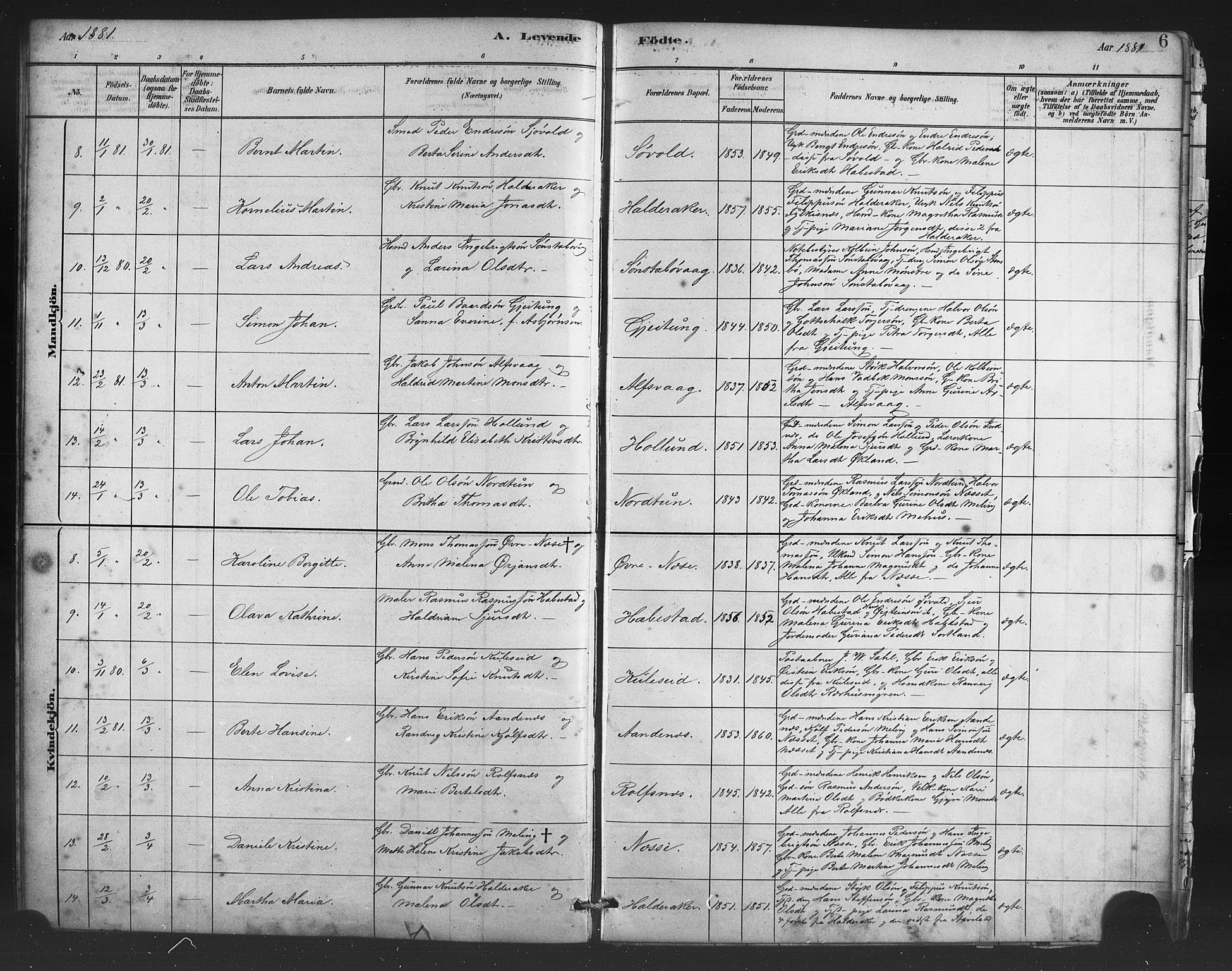 Finnås sokneprestembete, AV/SAB-A-99925/H/Ha/Haa/Haac/L0001: Parish register (official) no. C 1, 1881-1894, p. 6