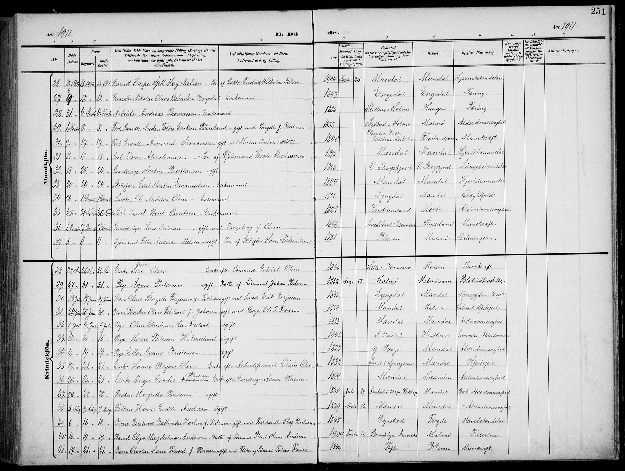 Mandal sokneprestkontor, AV/SAK-1111-0030/F/Fb/Fba/L0012: Parish register (copy) no. B 6, 1899-1918, p. 251