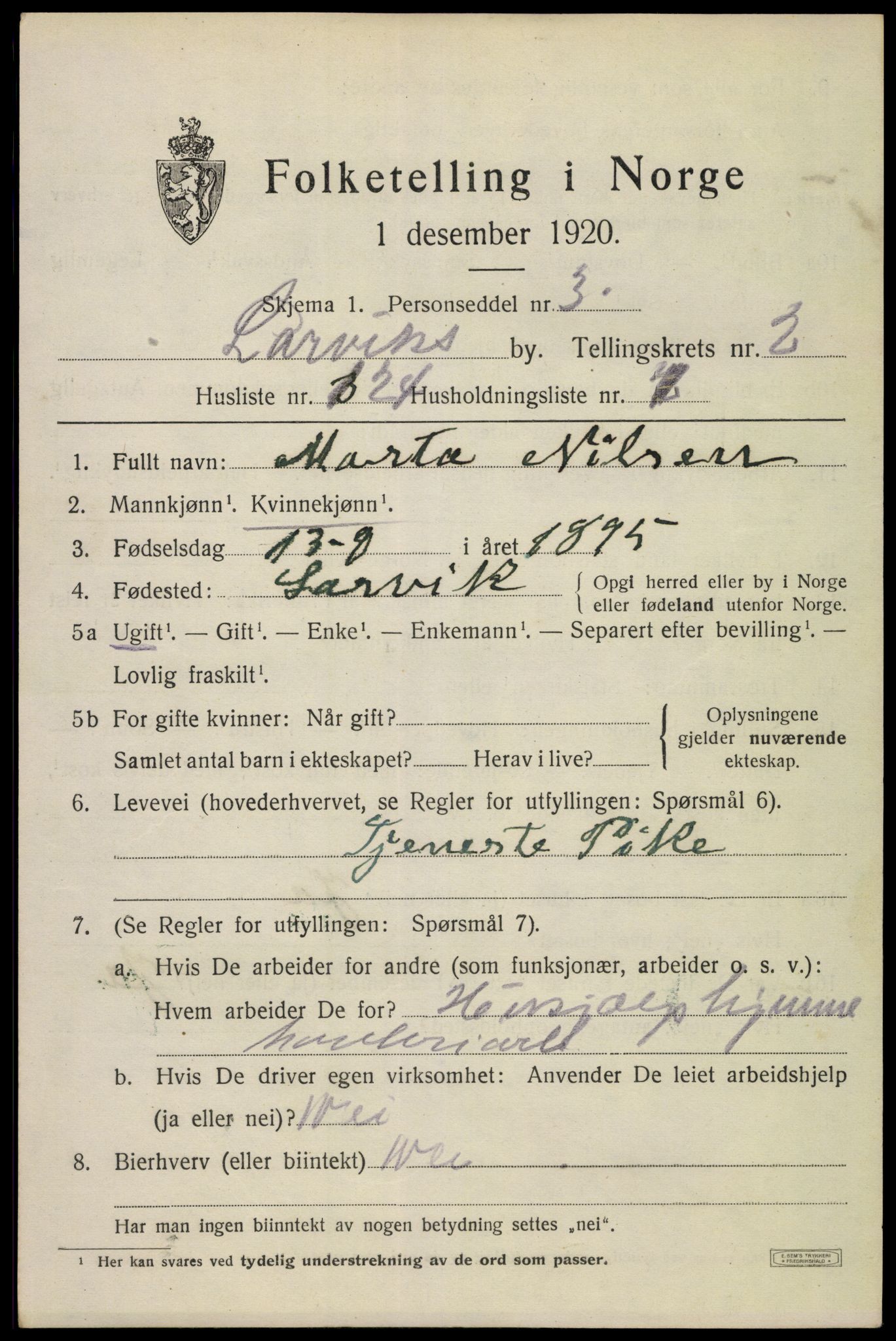 SAKO, 1920 census for Larvik, 1920, p. 12104