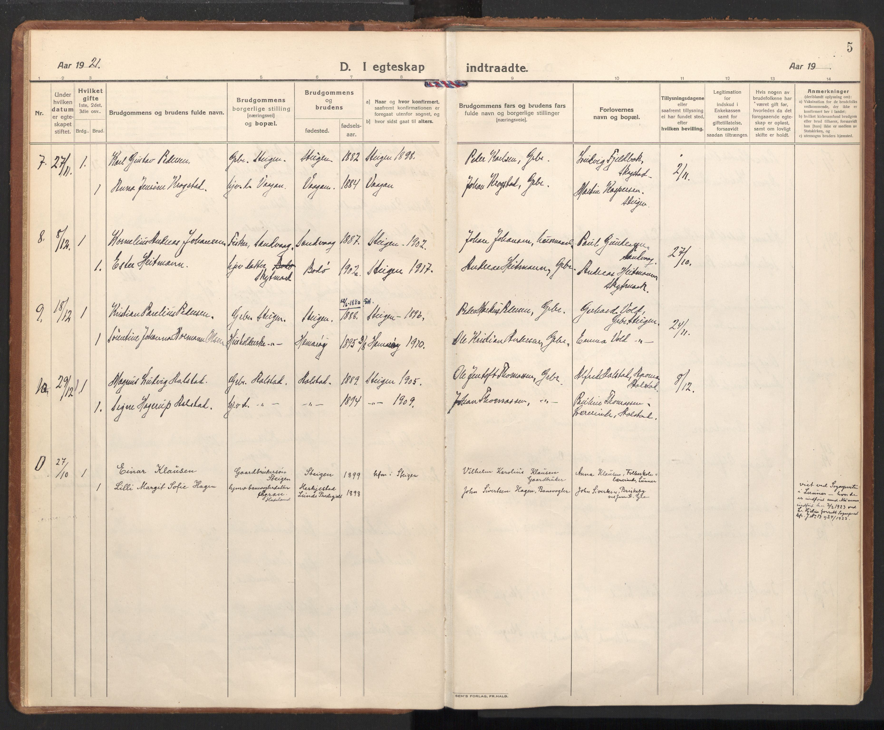 Ministerialprotokoller, klokkerbøker og fødselsregistre - Nordland, SAT/A-1459/855/L0809: Parish register (official) no. 855A18, 1921-1939, p. 5