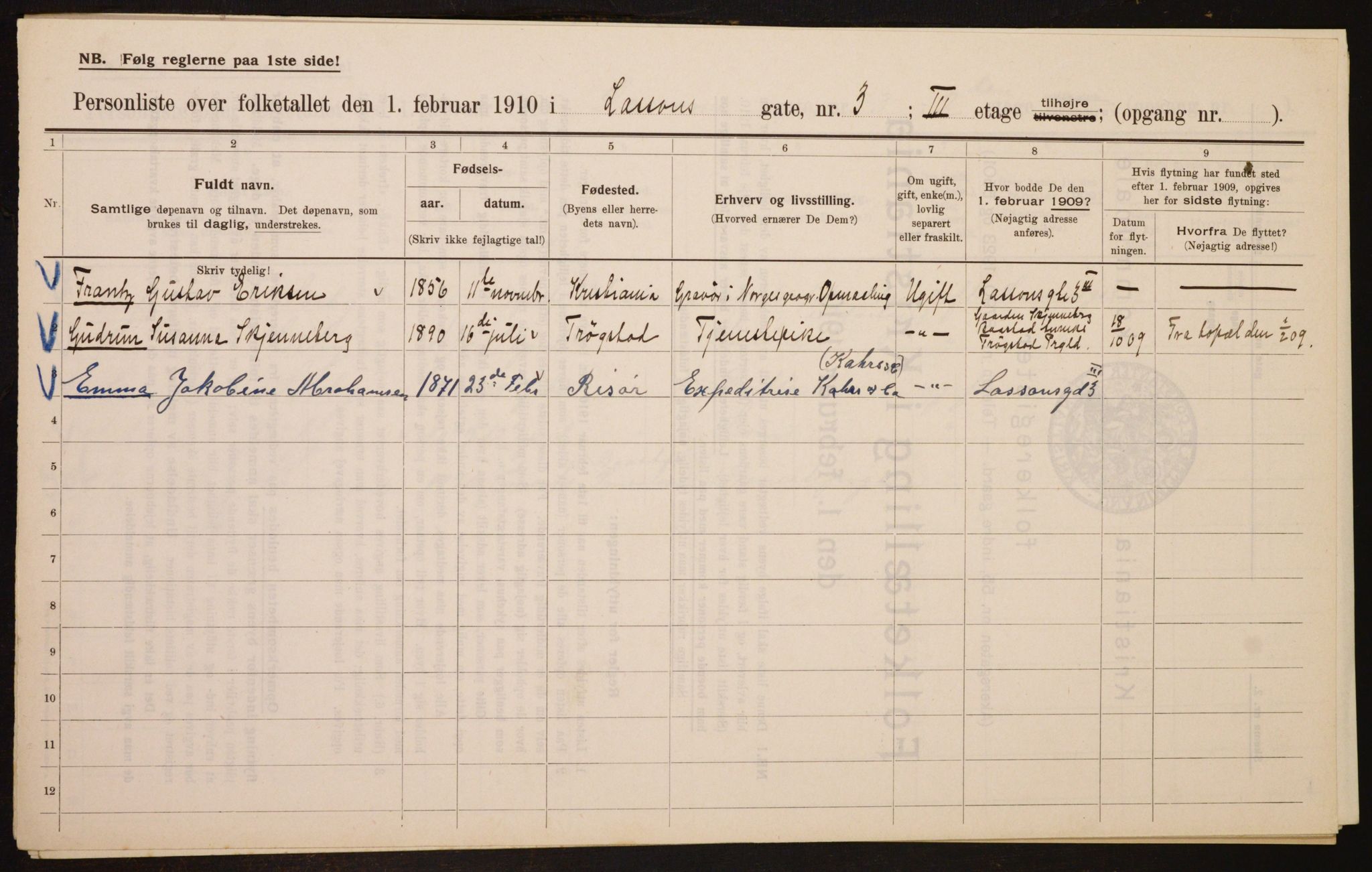 OBA, Municipal Census 1910 for Kristiania, 1910, p. 55274