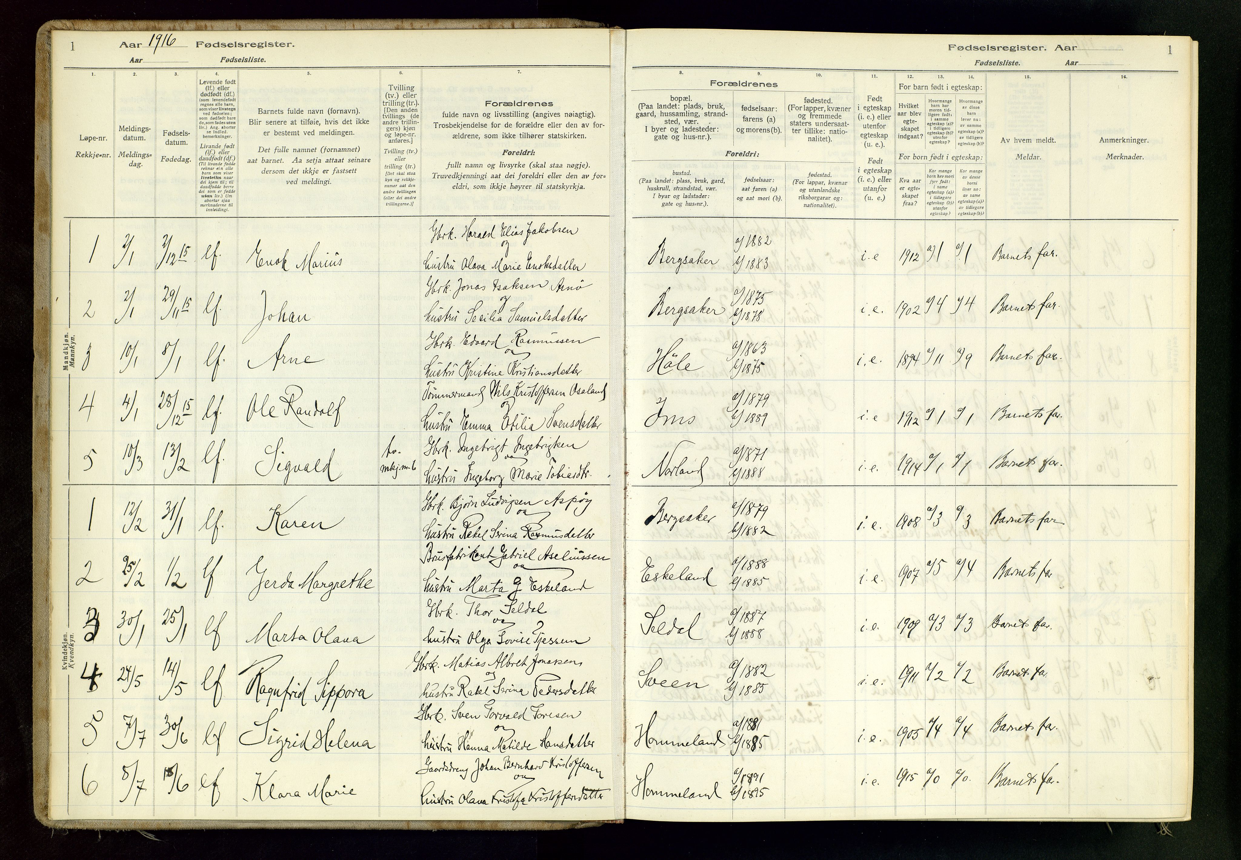 Høgsfjord sokneprestkontor, SAST/A-101624/I/Id/L0001: Birth register no. 1, 1916-1982, p. 1