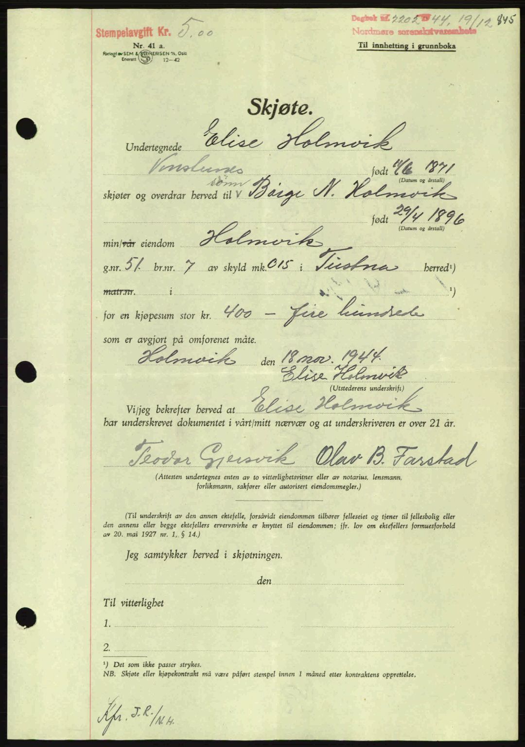 Nordmøre sorenskriveri, AV/SAT-A-4132/1/2/2Ca: Mortgage book no. A98, 1944-1944, Diary no: : 2202/1944