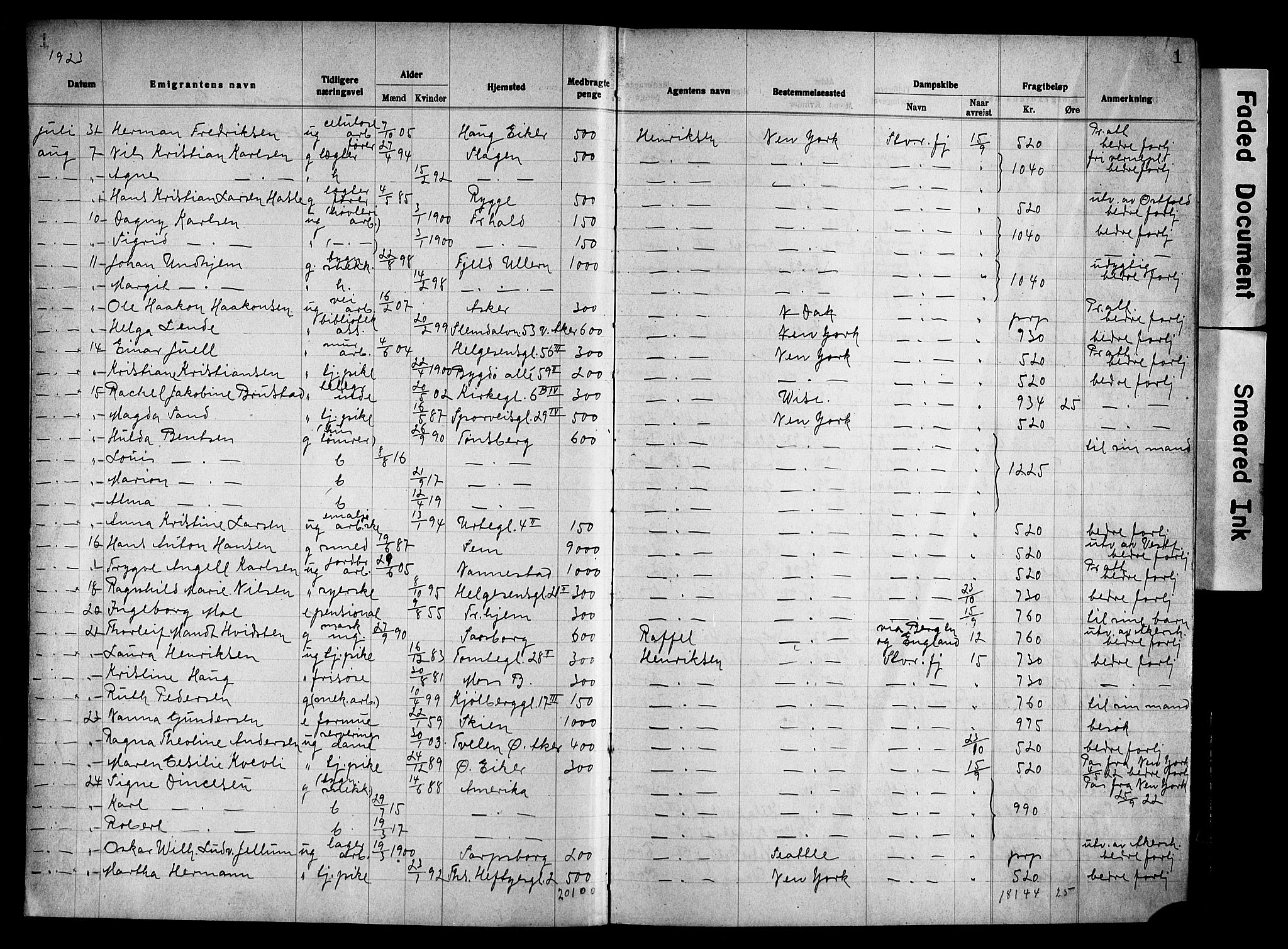 Oslo politidistrikt, AV/SAO-A-10085/E/Ee/Eef/L0036: Emigrantprotokoll, 1923-1927, p. 1