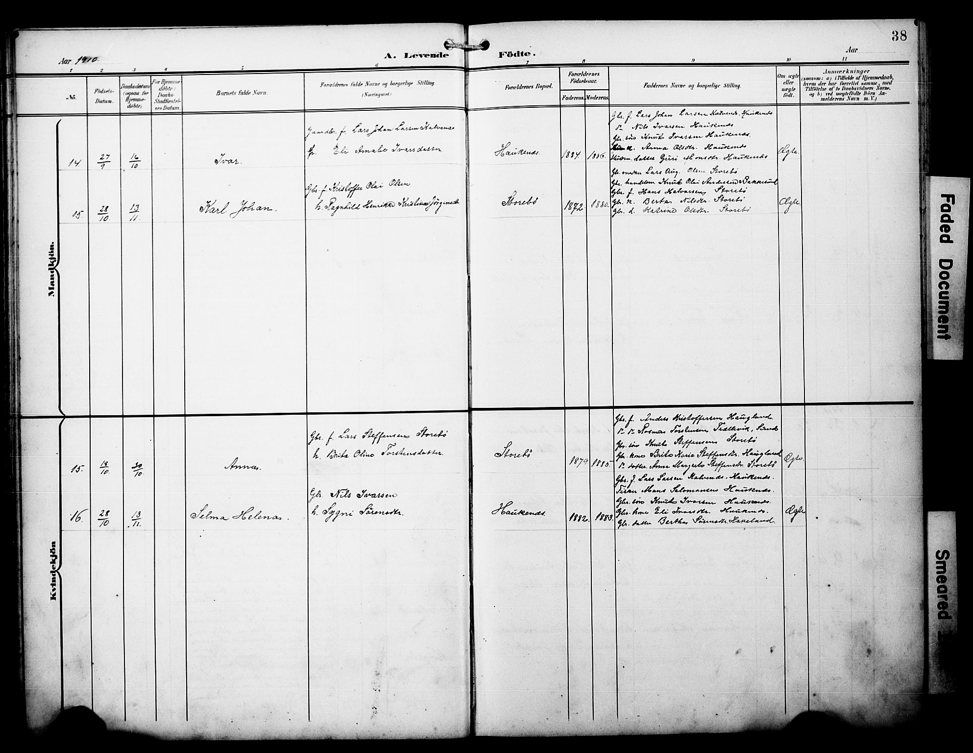 Austevoll sokneprestembete, AV/SAB-A-74201/H/Ha/Hab/Haba/L0004: Parish register (copy) no. A 4, 1901-1912, p. 38