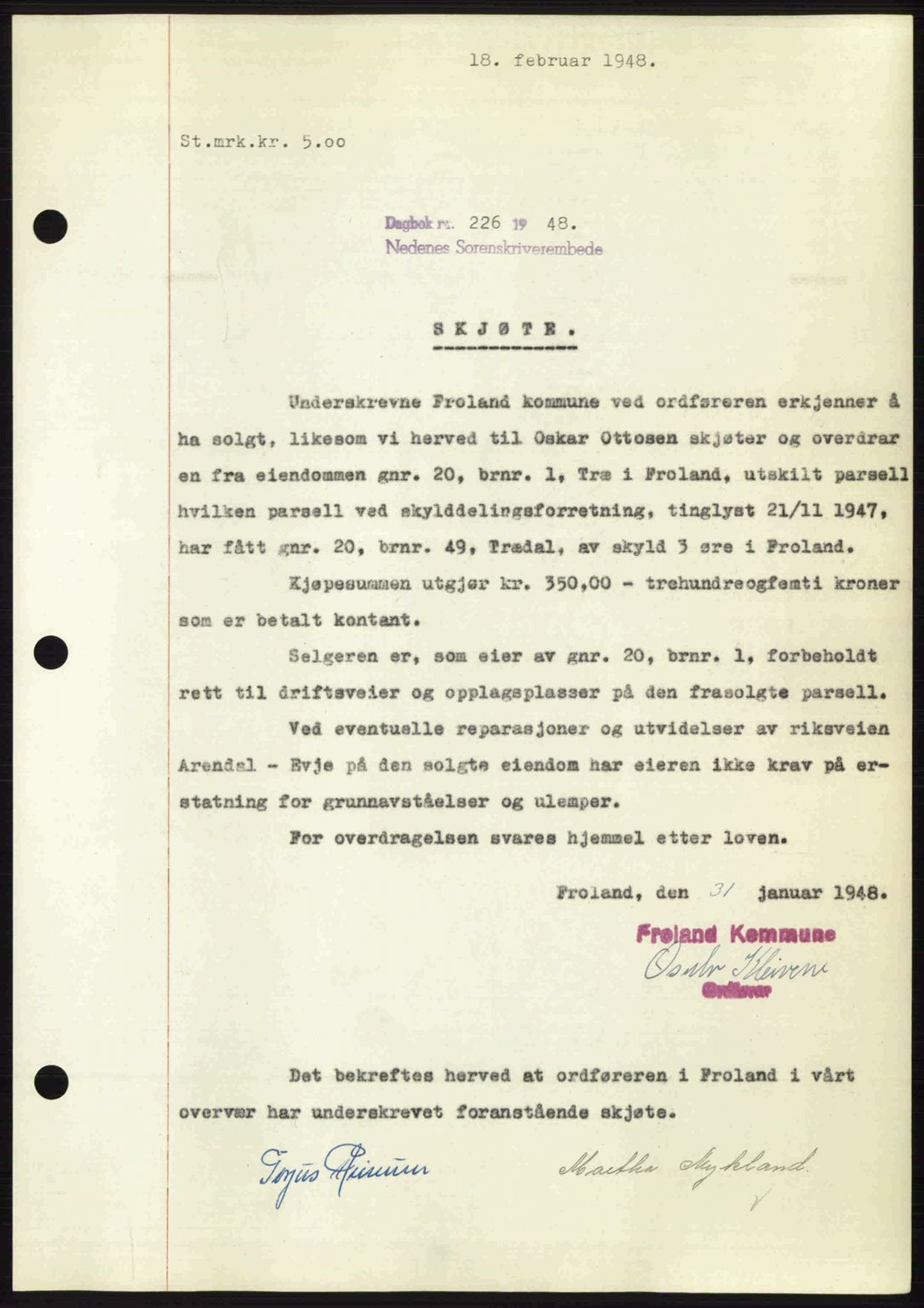 Nedenes sorenskriveri, SAK/1221-0006/G/Gb/Gba/L0058: Mortgage book no. A10, 1947-1948, Diary no: : 226/1948