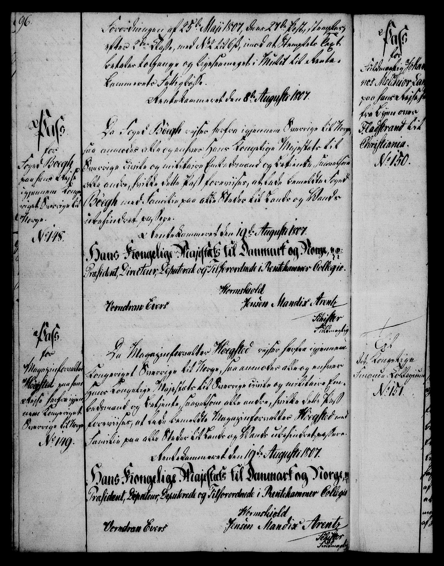 Rentekammeret, Kammerkanselliet, AV/RA-EA-3111/G/Gg/Gga/L0019: Norsk ekspedisjonsprotokoll med register (merket RK 53.19), 1807-1810, p. 96