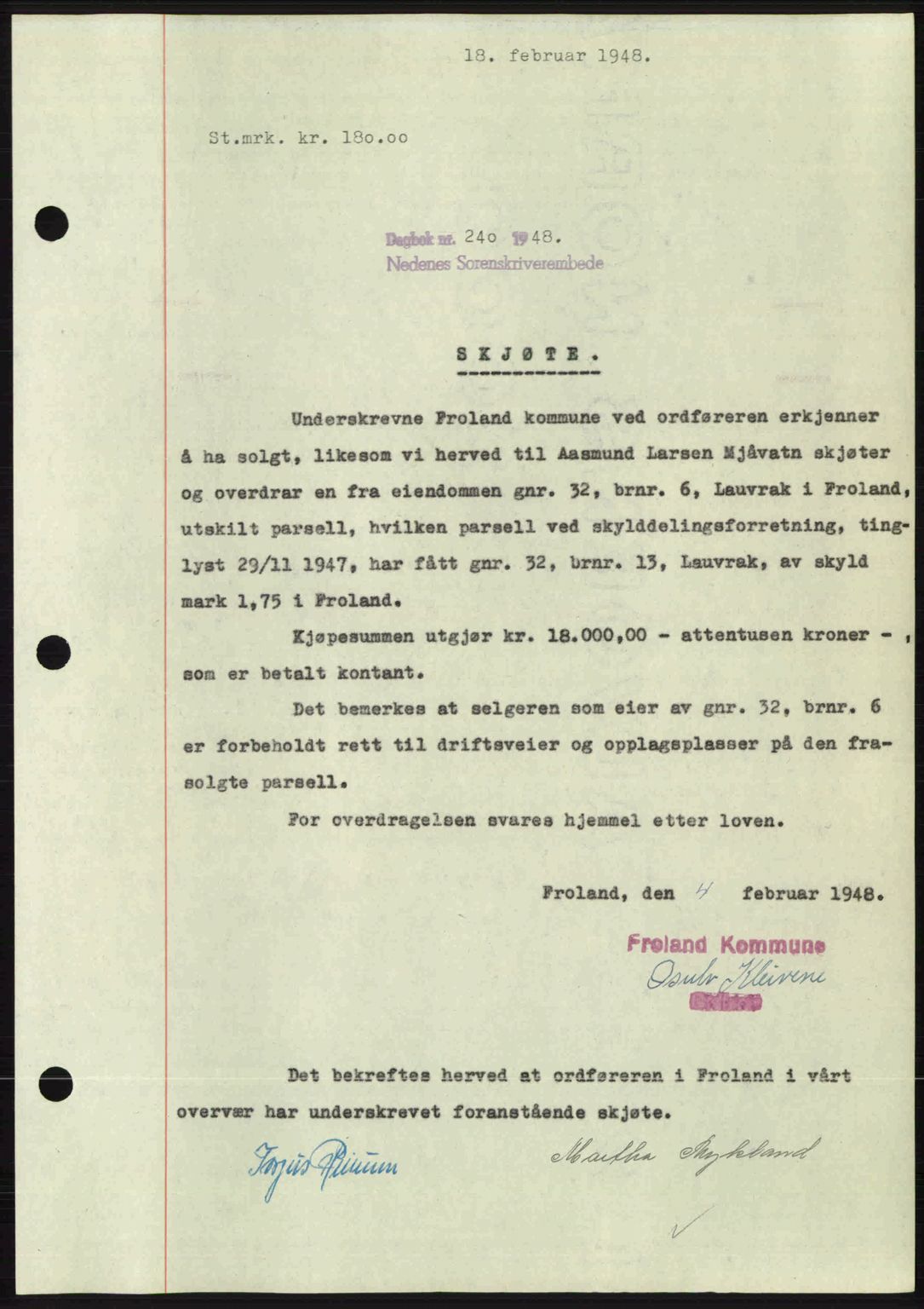 Nedenes sorenskriveri, SAK/1221-0006/G/Gb/Gba/L0058: Mortgage book no. A10, 1947-1948, Diary no: : 240/1948