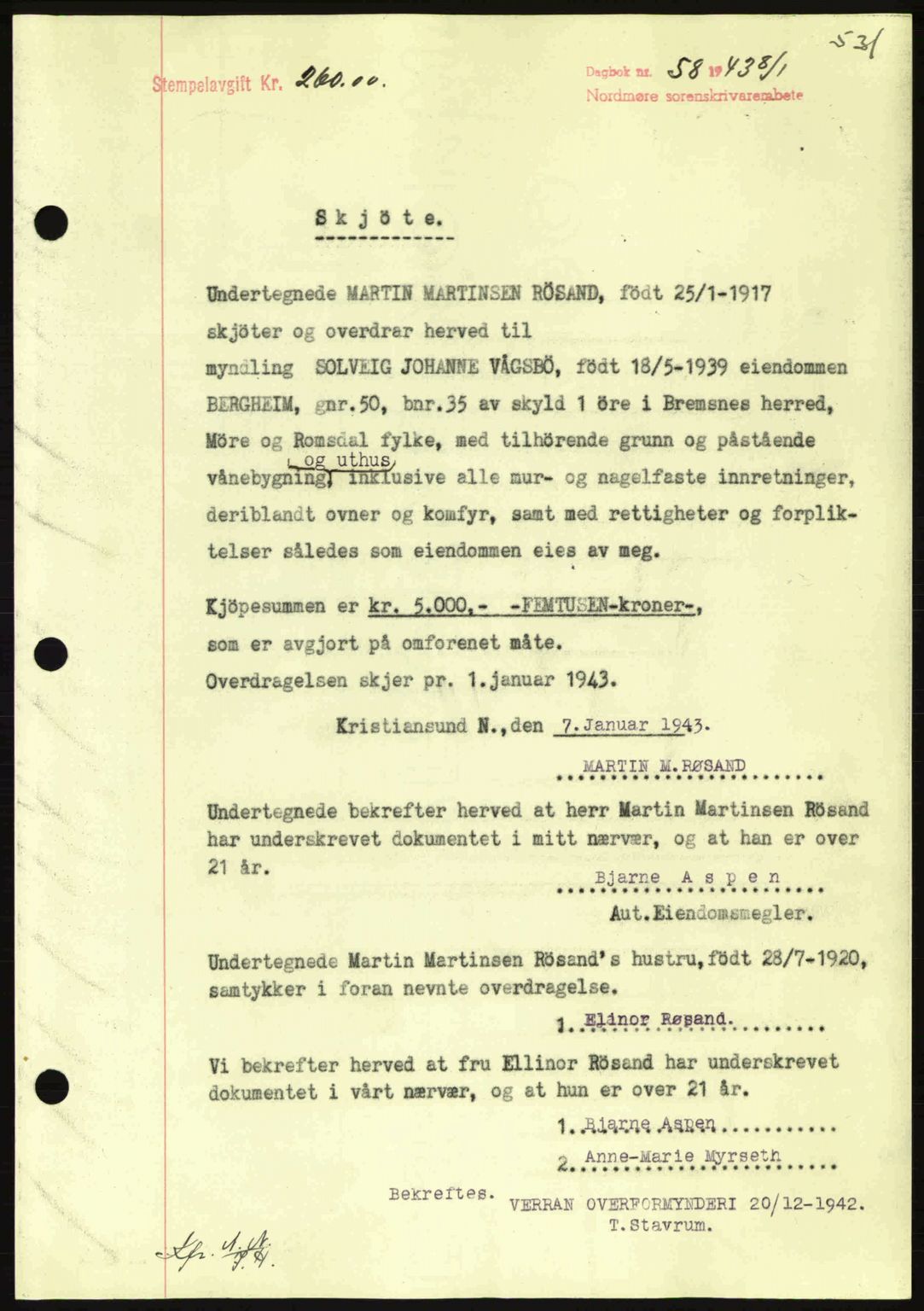 Nordmøre sorenskriveri, AV/SAT-A-4132/1/2/2Ca: Mortgage book no. A94, 1942-1943, Diary no: : 58/1943