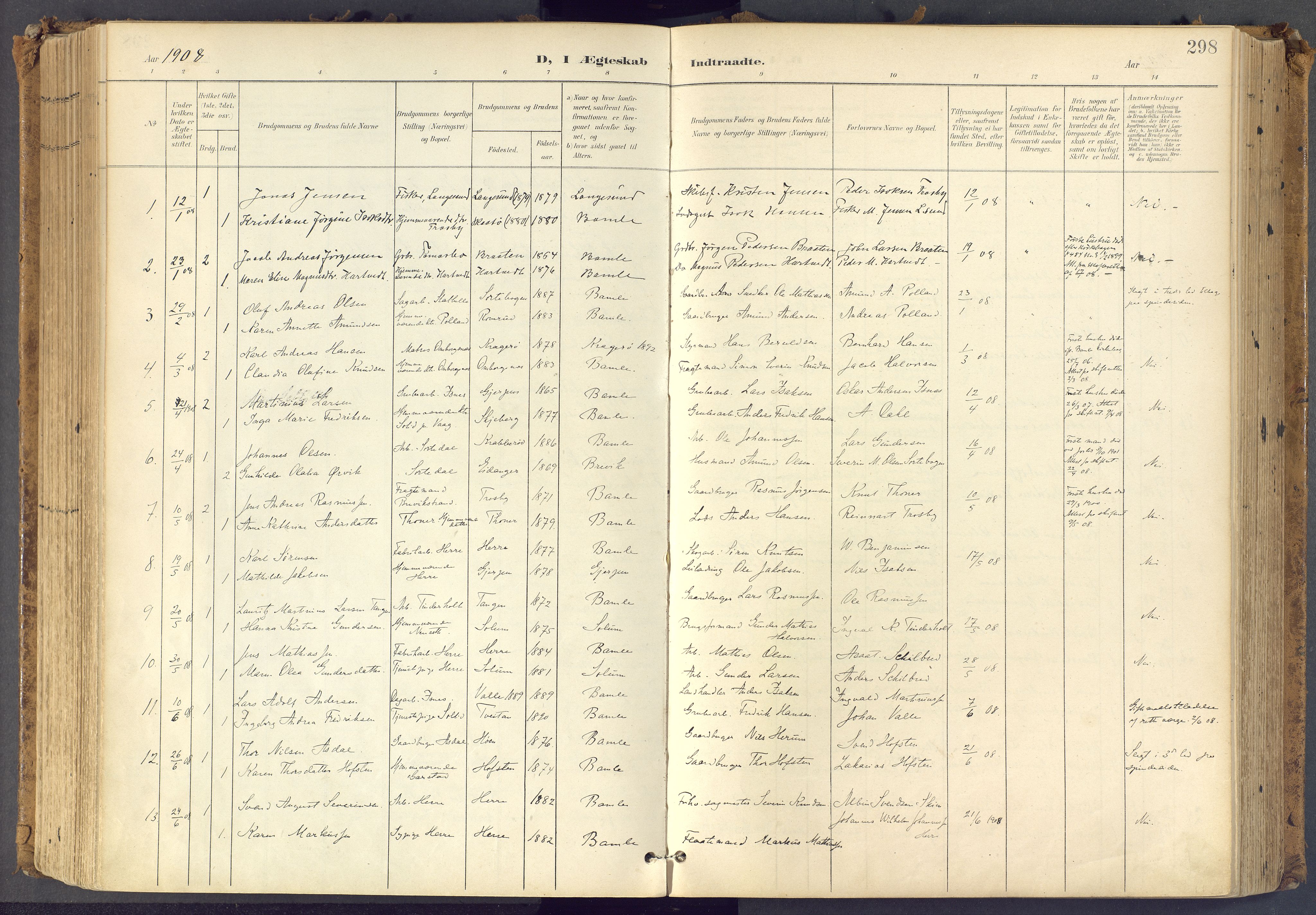 Bamble kirkebøker, SAKO/A-253/F/Fa/L0009: Parish register (official) no. I 9, 1901-1917, p. 298
