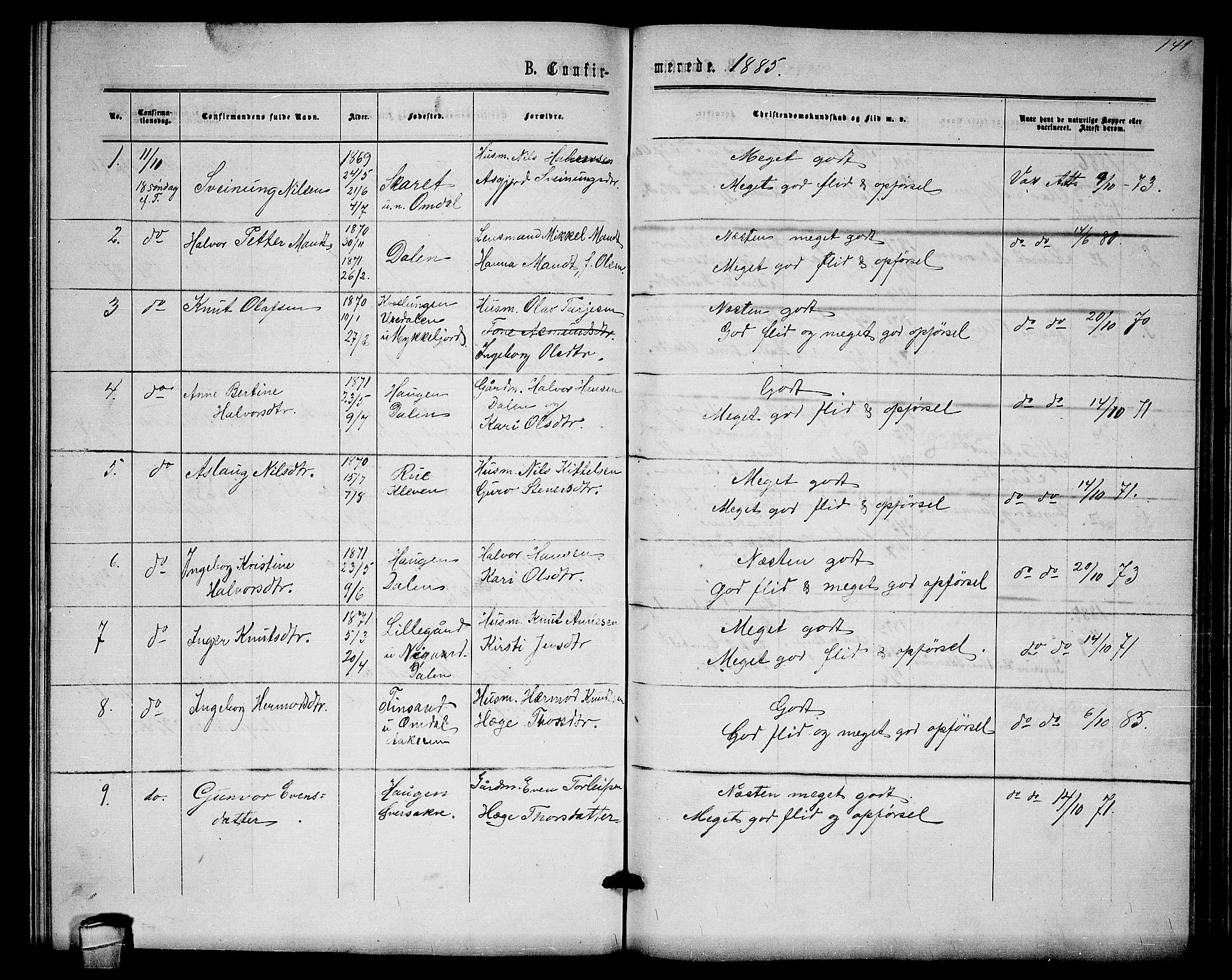 Lårdal kirkebøker, SAKO/A-284/G/Gb/L0002: Parish register (copy) no. II 2, 1865-1888, p. 141