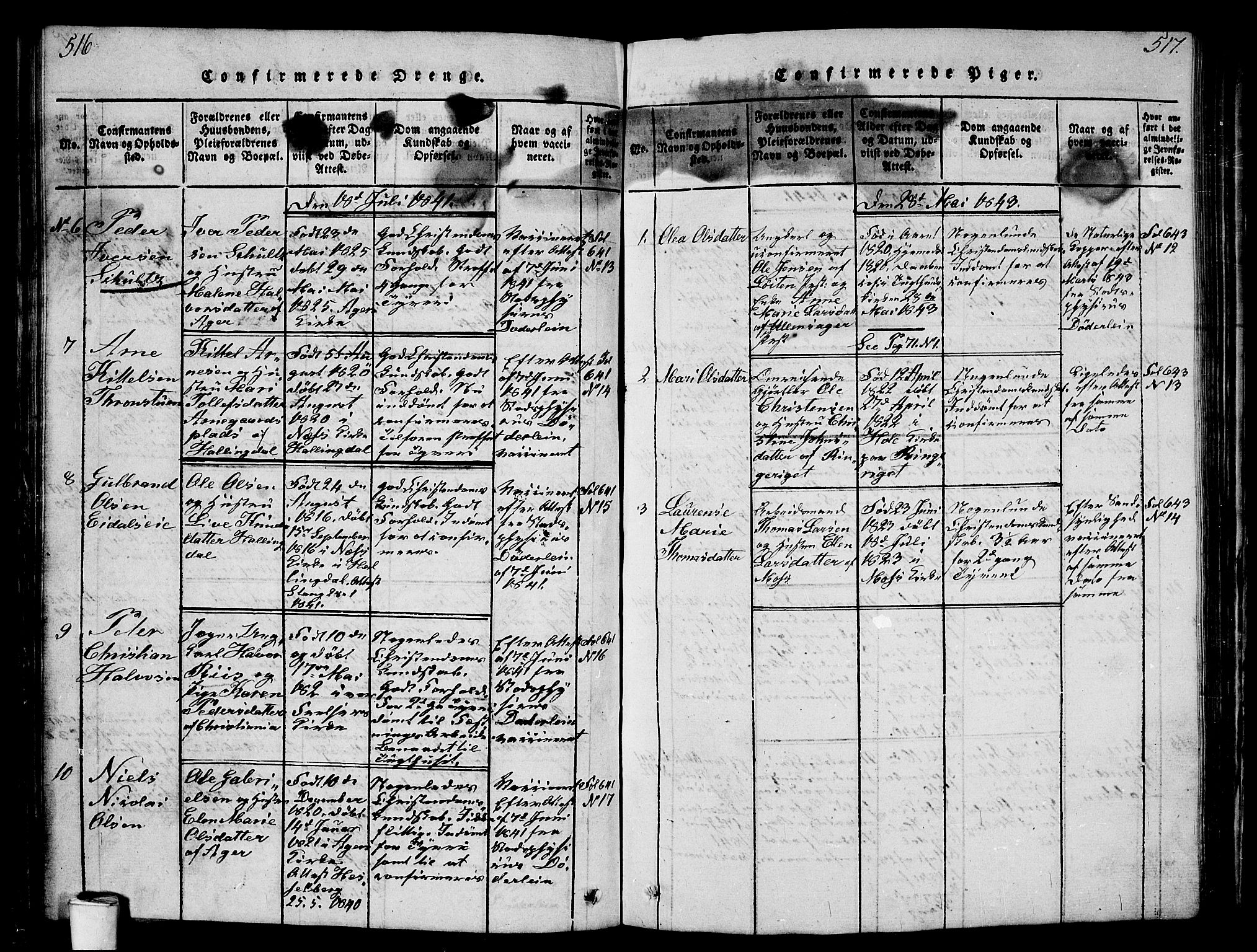 Kristiania tukthusprest Kirkebøker, SAO/A-10881/G/Ga/L0001: Parish register (copy) no. 1, 1818-1857, p. 516-517