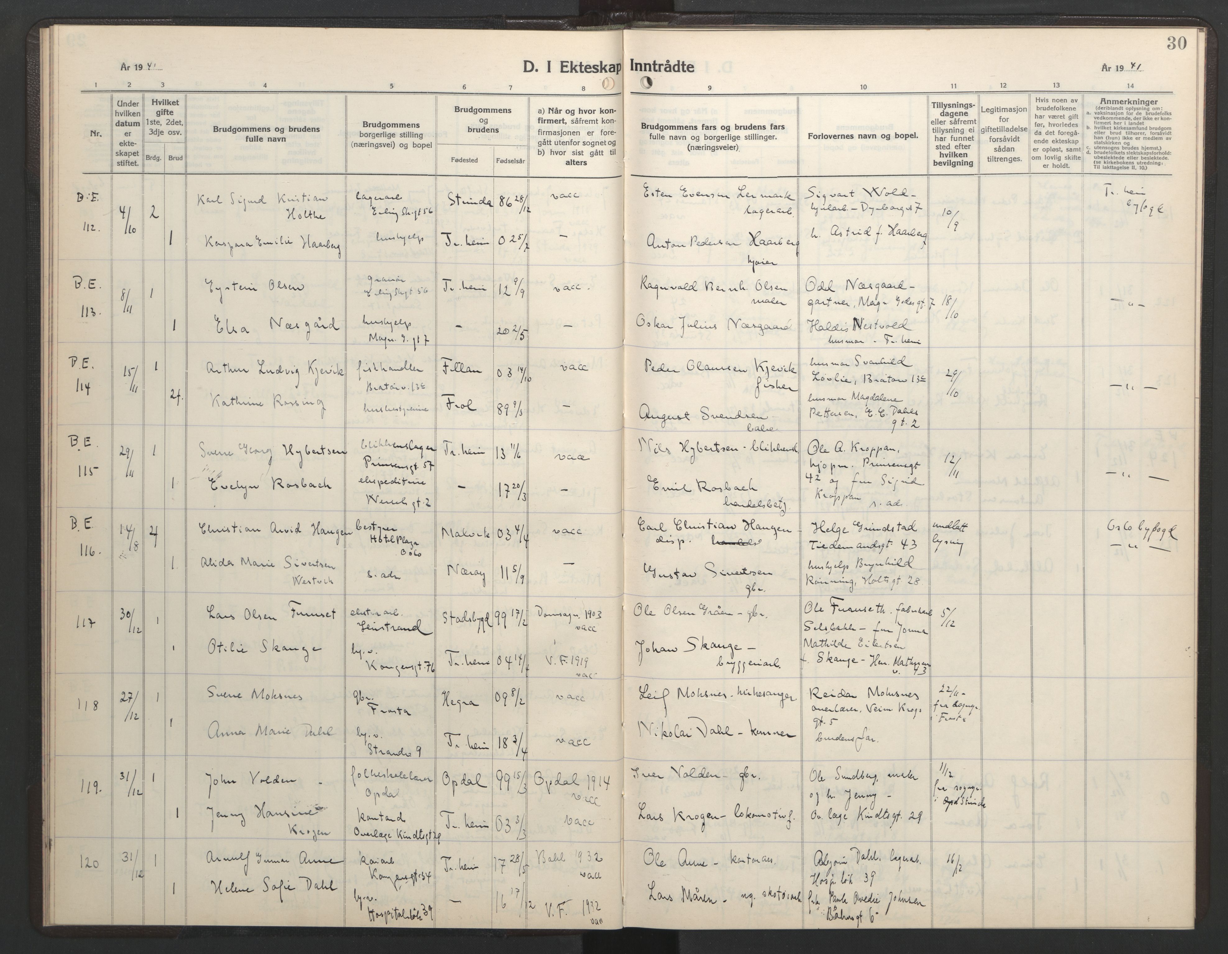 Ministerialprotokoller, klokkerbøker og fødselsregistre - Sør-Trøndelag, SAT/A-1456/602/L0154: Parish register (copy) no. 602C22, 1940-1947, p. 30