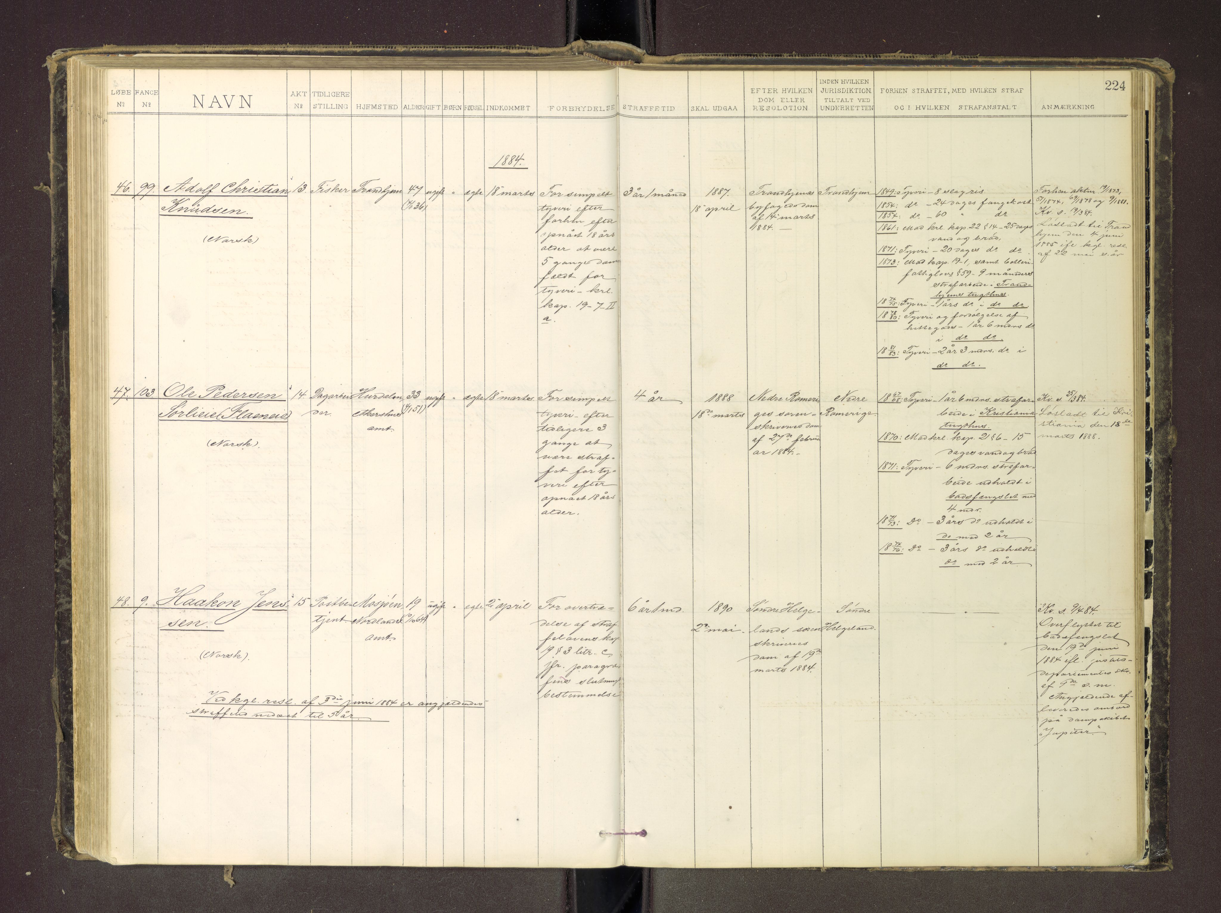 Trondheim tukthus, AV/SAT-A-4619/05/65/L0035: 65.35 Fangeprotokoll m/reg, 1878-1885, p. 224