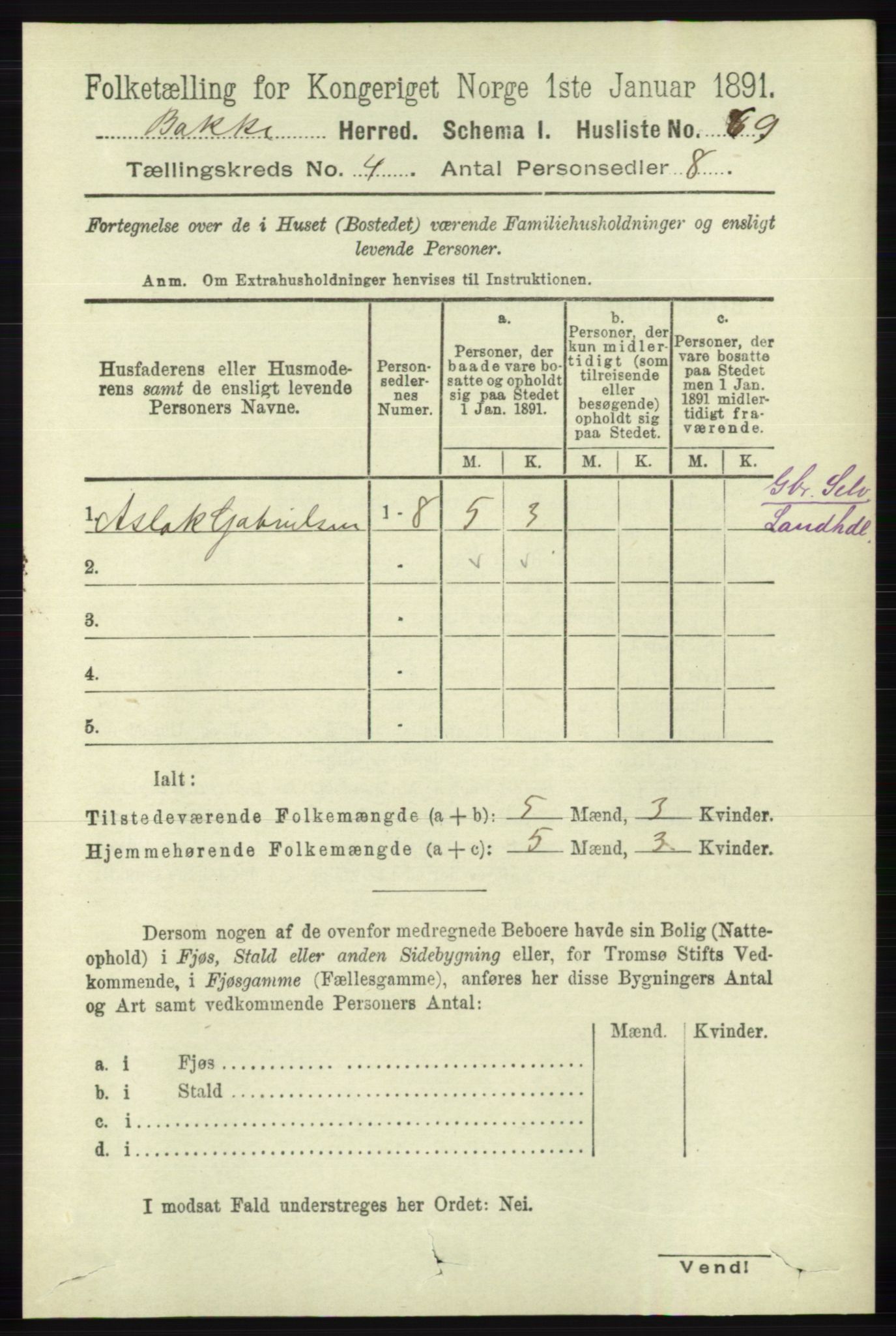 RA, 1891 census for 1045 Bakke, 1891, p. 612