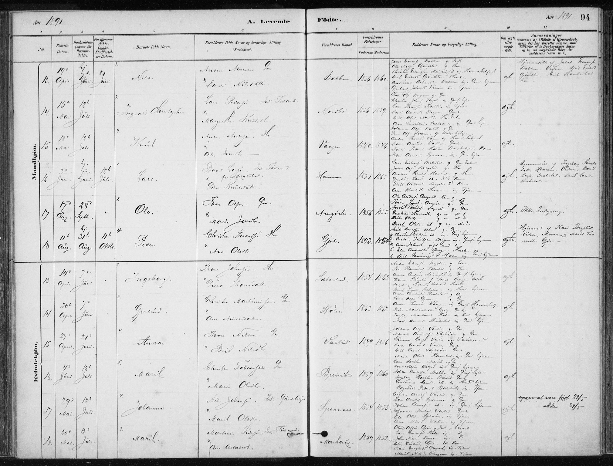 Ministerialprotokoller, klokkerbøker og fødselsregistre - Møre og Romsdal, AV/SAT-A-1454/586/L0987: Parish register (official) no. 586A13, 1879-1892, p. 94