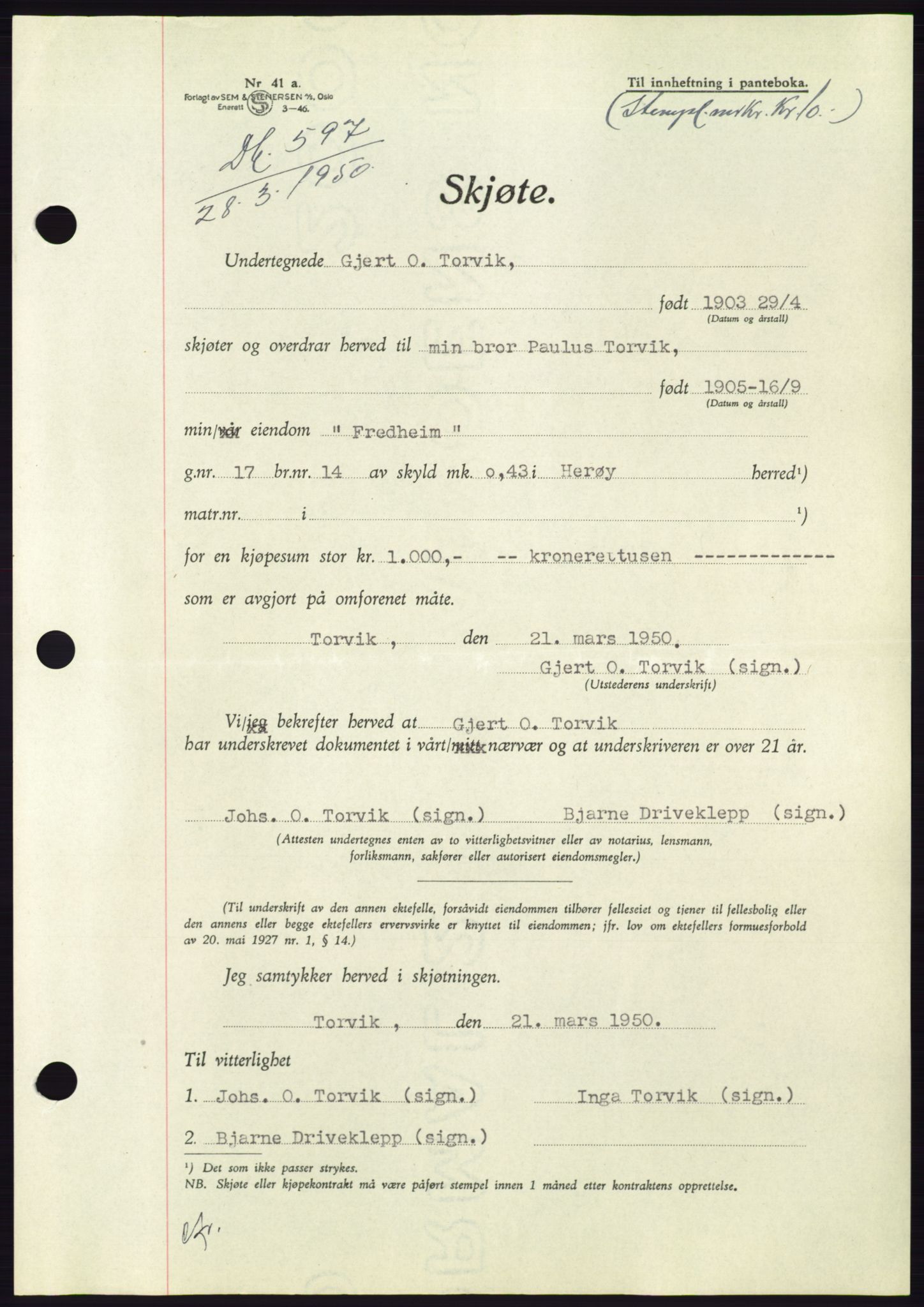 Søre Sunnmøre sorenskriveri, AV/SAT-A-4122/1/2/2C/L0086: Mortgage book no. 12A, 1949-1950, Diary no: : 597/1950