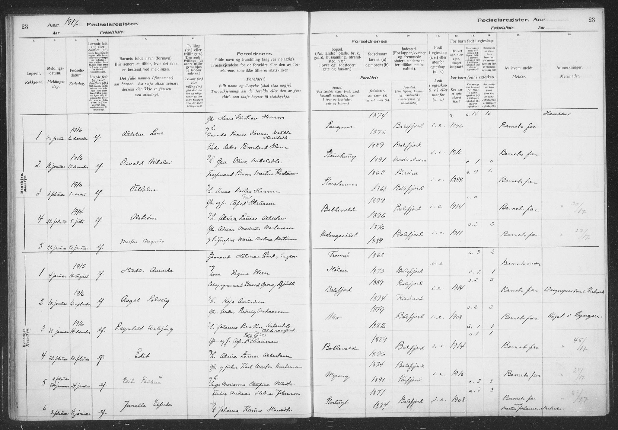 Balsfjord sokneprestembete, SATØ/S-1303/H/Hb/L0059: Birth register no. 59, 1916-1930, p. 23