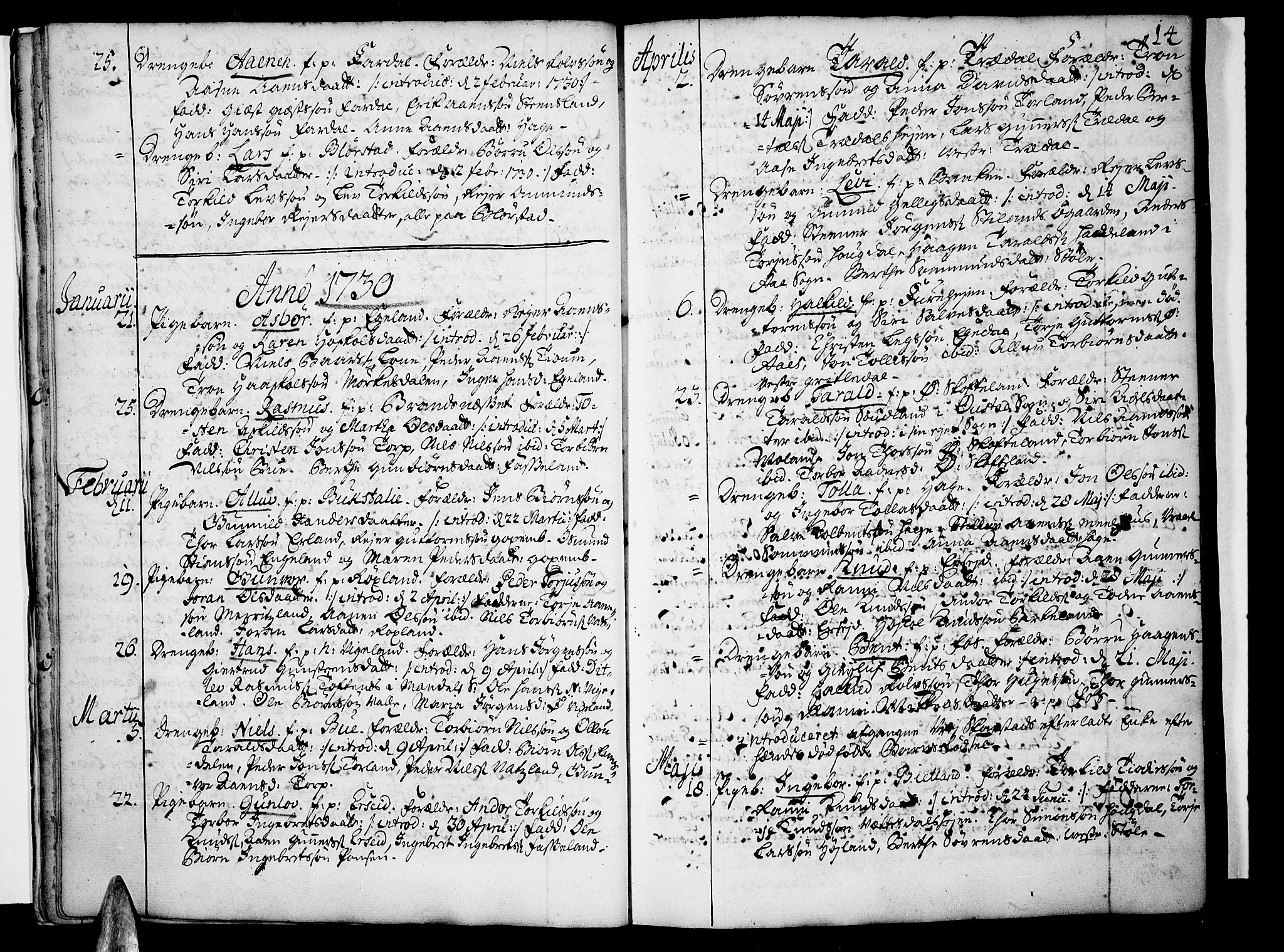 Sør-Audnedal sokneprestkontor, SAK/1111-0039/F/Fa/Fab/L0001: Parish register (official) no. A 1 /1, 1726-1766, p. 14