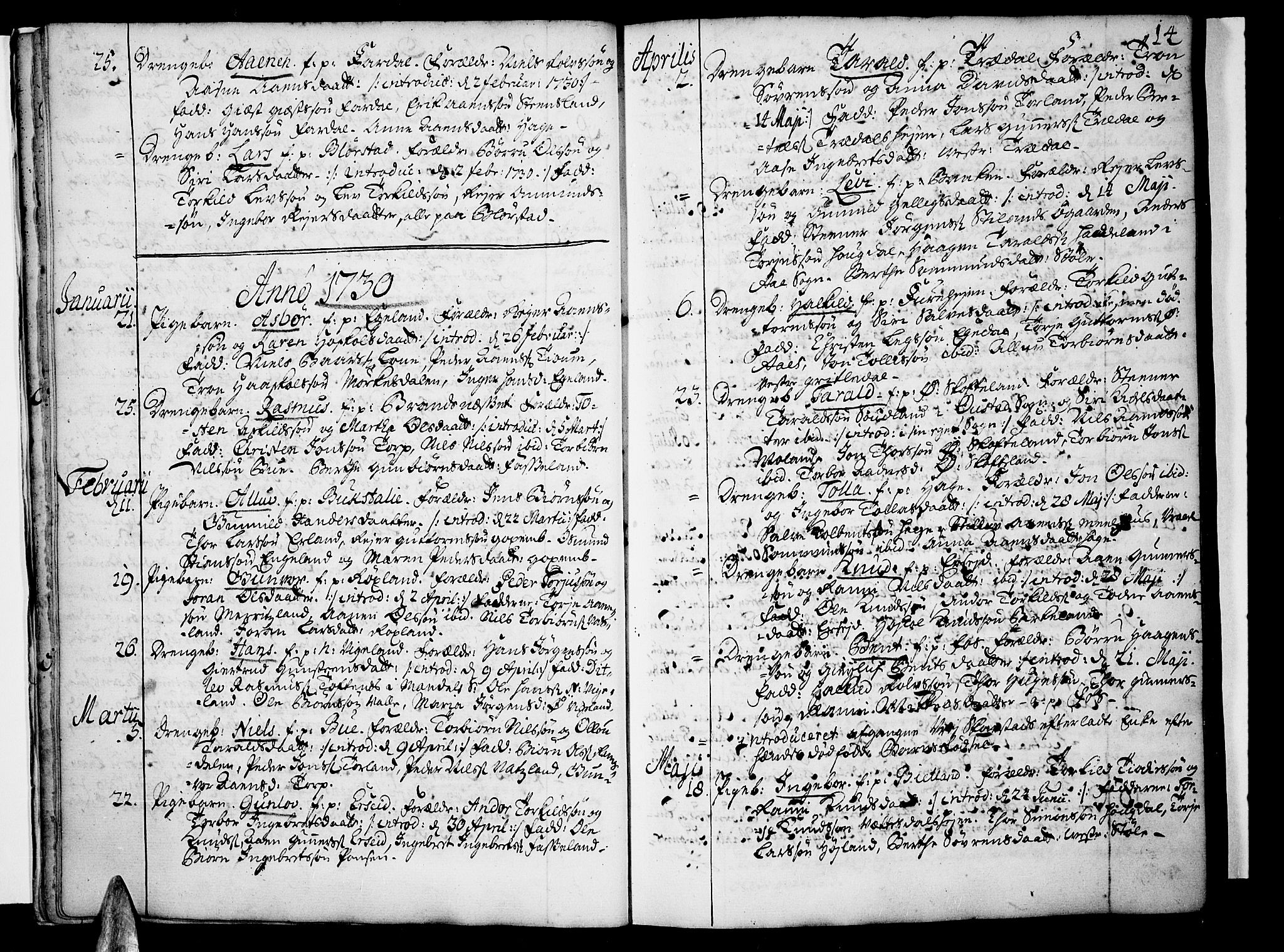 Sør-Audnedal sokneprestkontor, AV/SAK-1111-0039/F/Fa/Fab/L0001: Parish register (official) no. A 1 /1, 1726-1766, p. 14