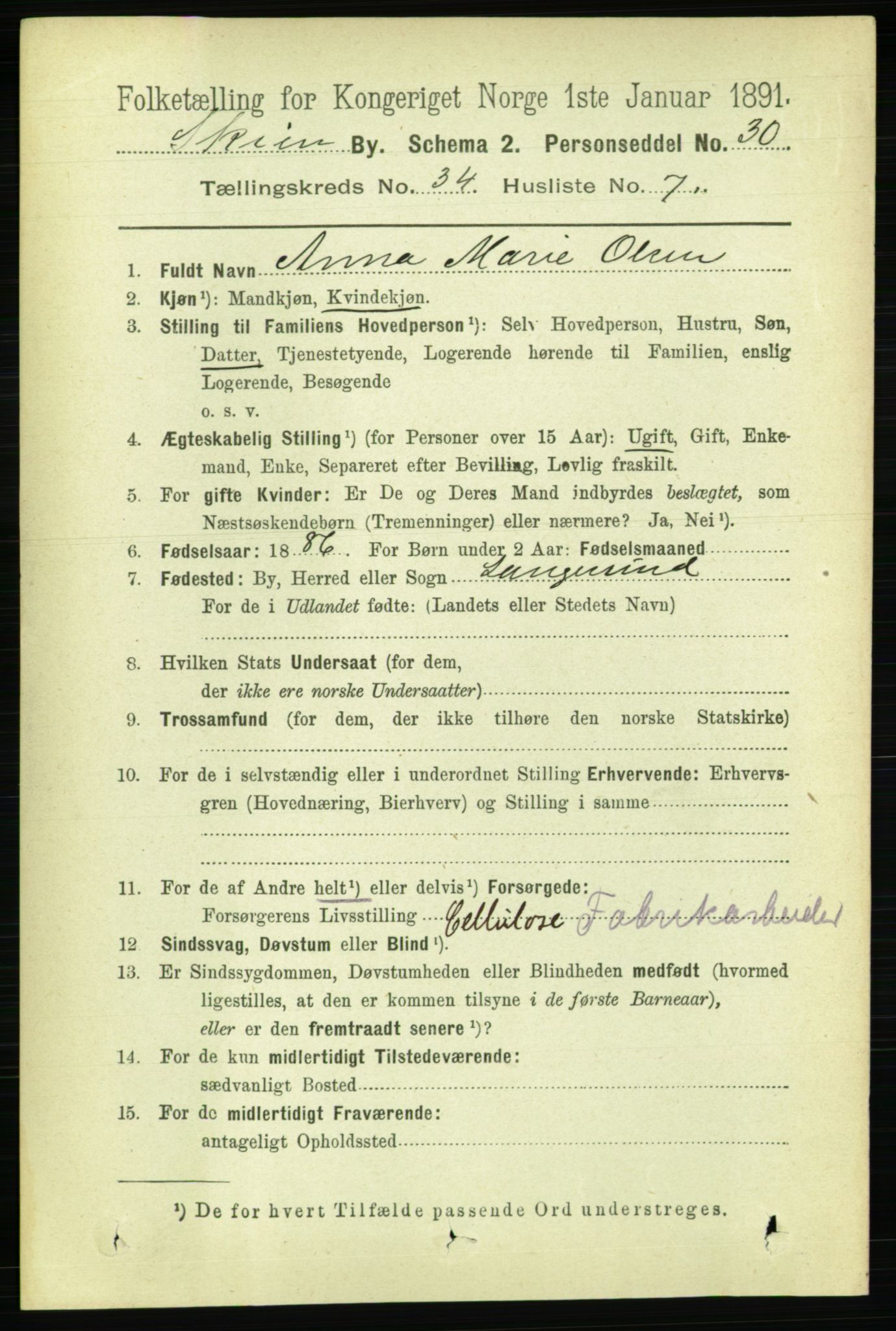 RA, 1891 census for 0806 Skien, 1891, p. 7811