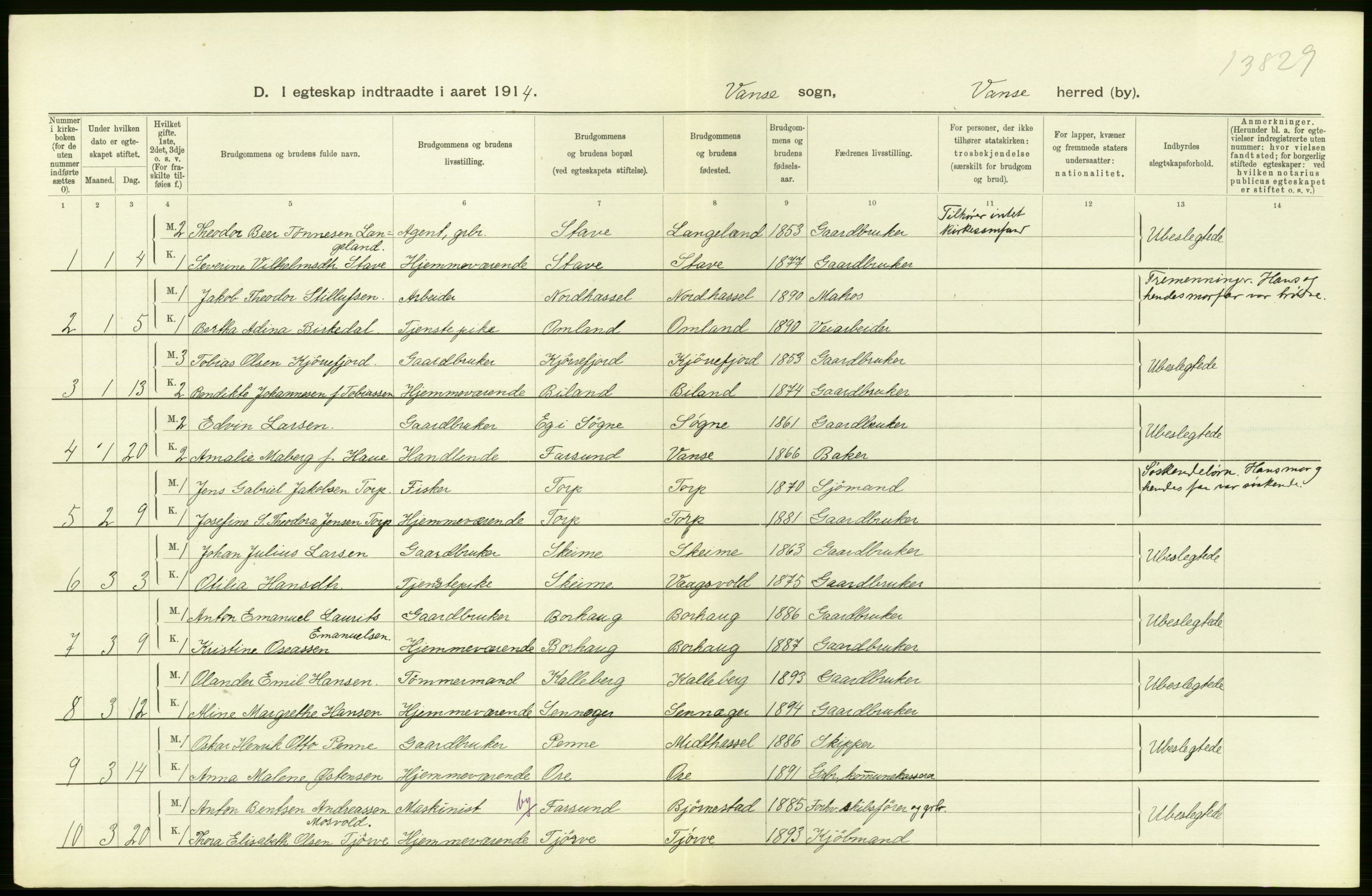 Statistisk sentralbyrå, Sosiodemografiske emner, Befolkning, AV/RA-S-2228/D/Df/Dfb/Dfbd/L0022: Lister og Mandals amt: Levendefødte menn og kvinner, samt gifte. Bygder og byer., 1914, p. 182