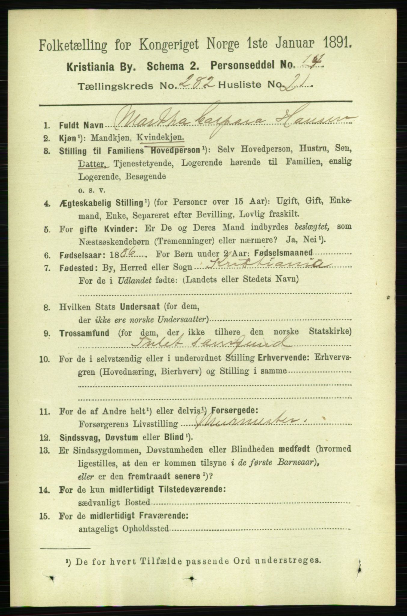RA, 1891 census for 0301 Kristiania, 1891, p. 172313