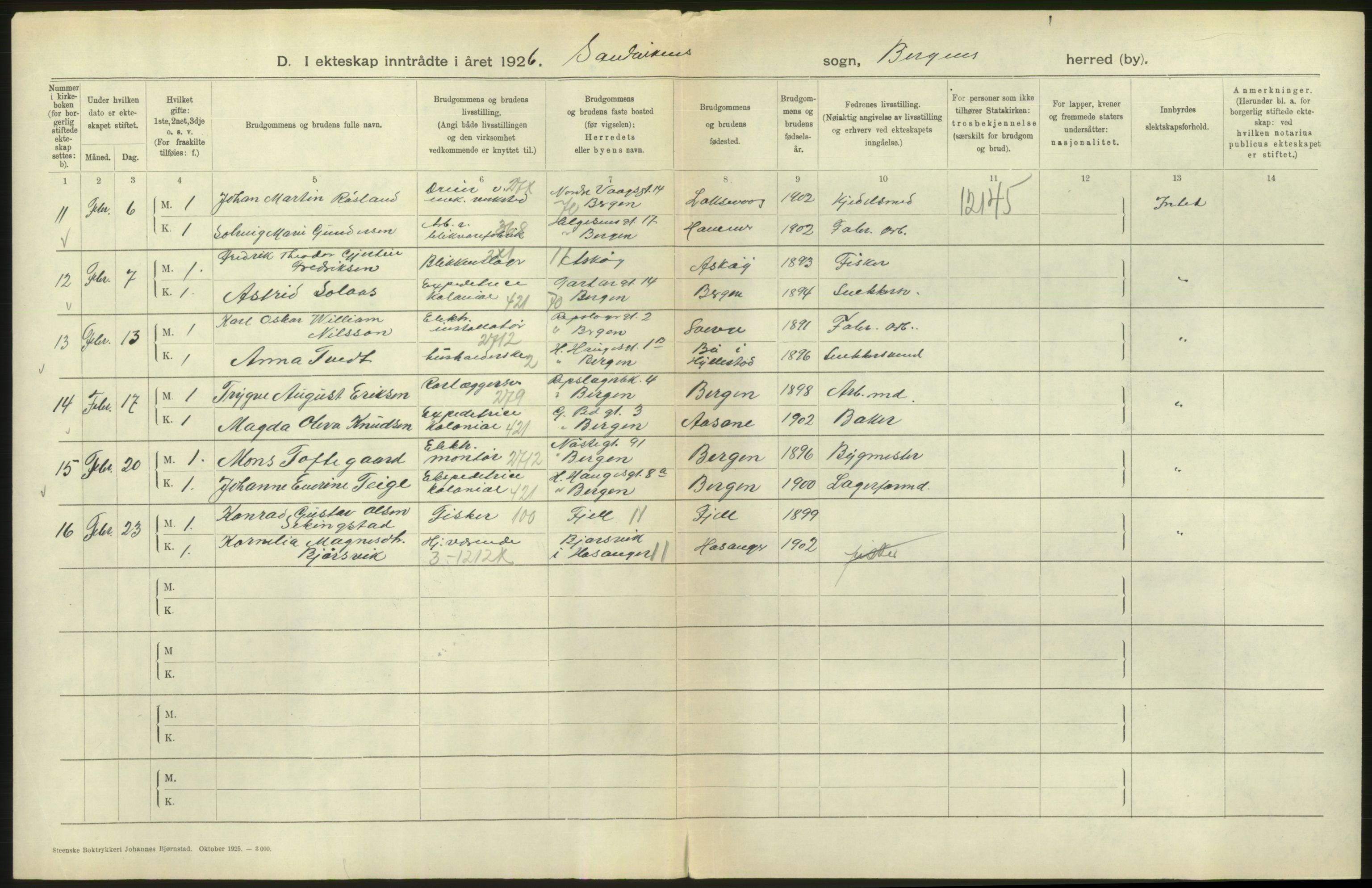 Statistisk sentralbyrå, Sosiodemografiske emner, Befolkning, AV/RA-S-2228/D/Df/Dfc/Dfcf/L0028: Bergen: Gifte, døde, dødfødte., 1926, p. 94