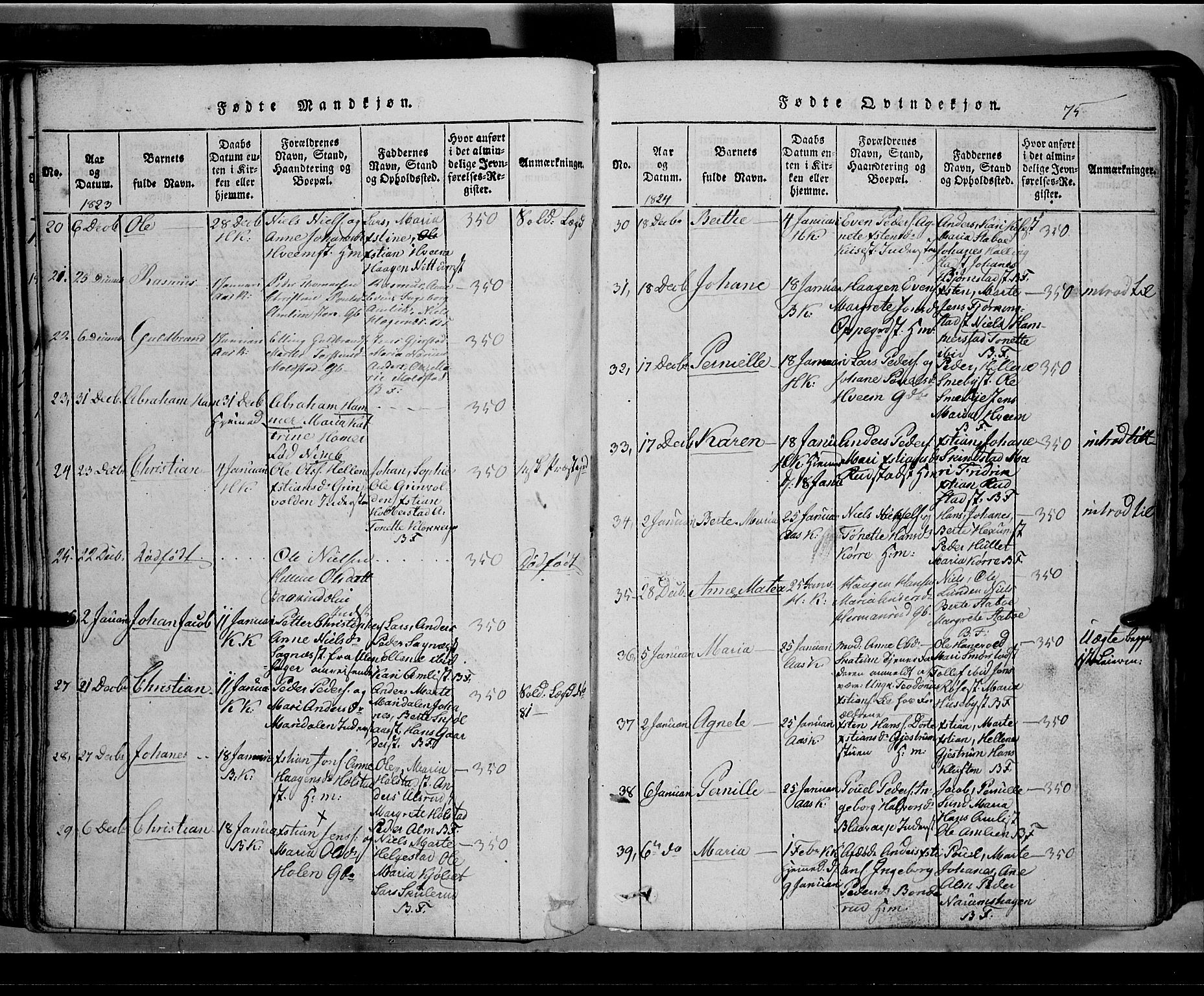 Toten prestekontor, SAH/PREST-102/H/Ha/Hab/L0002: Parish register (copy) no. 2, 1820-1827, p. 75