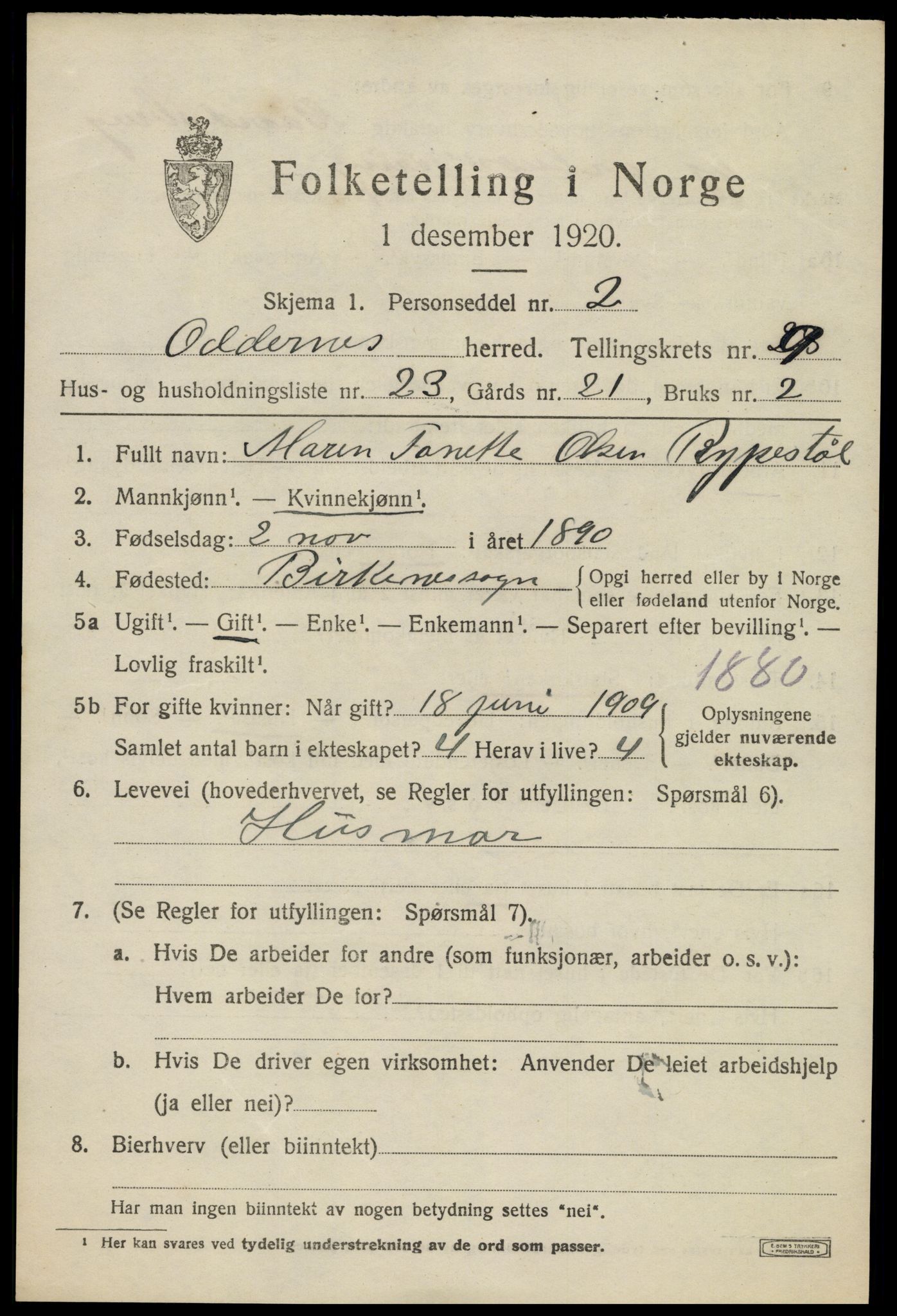 SAK, 1920 census for Oddernes, 1920, p. 6287