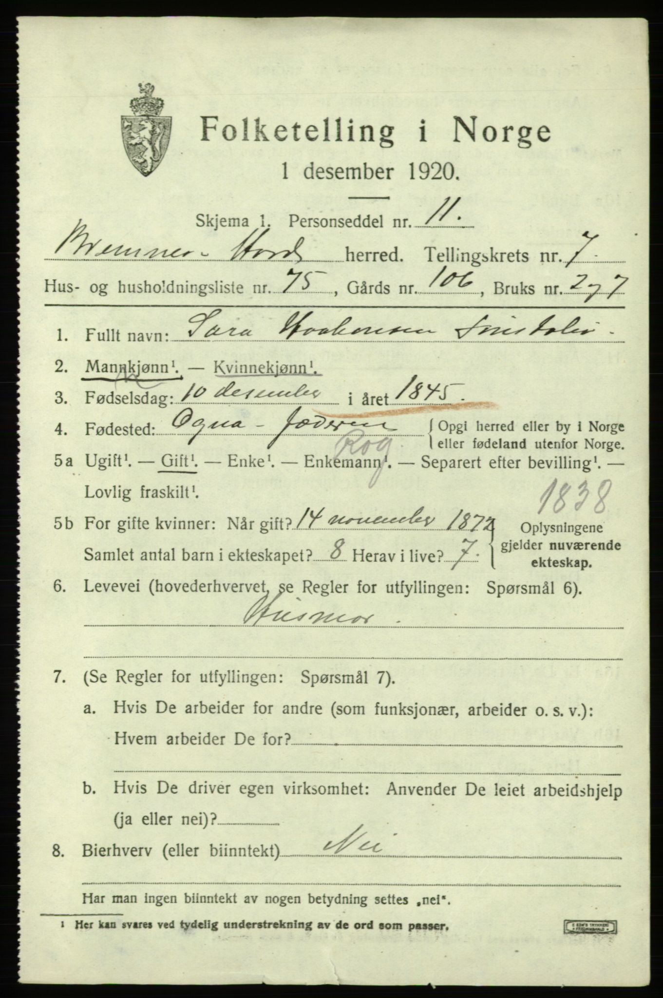 SAB, 1920 census for Bremnes, 1920, p. 5062