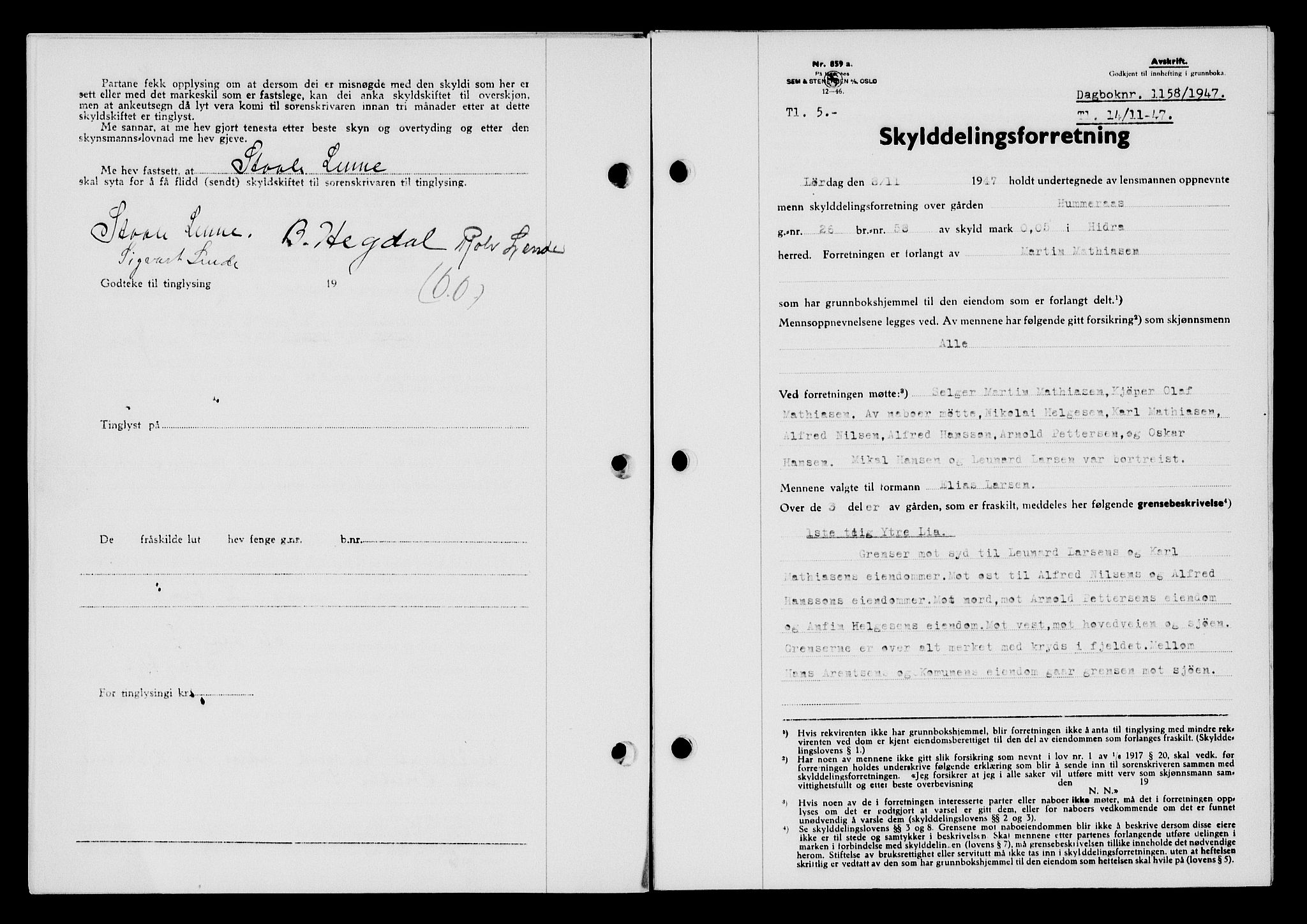 Flekkefjord sorenskriveri, SAK/1221-0001/G/Gb/Gba/L0063: Mortgage book no. A-11, 1947-1948, Diary no: : 1158/1947