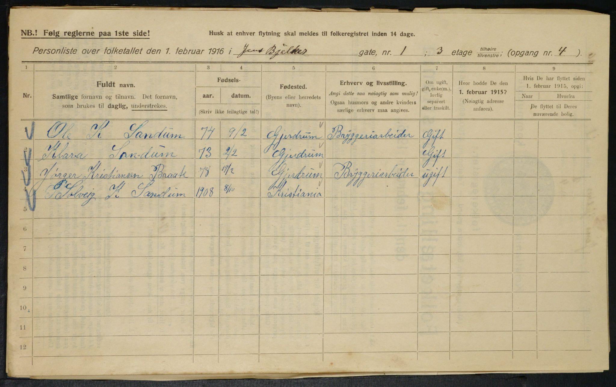 OBA, Municipal Census 1916 for Kristiania, 1916, p. 46537