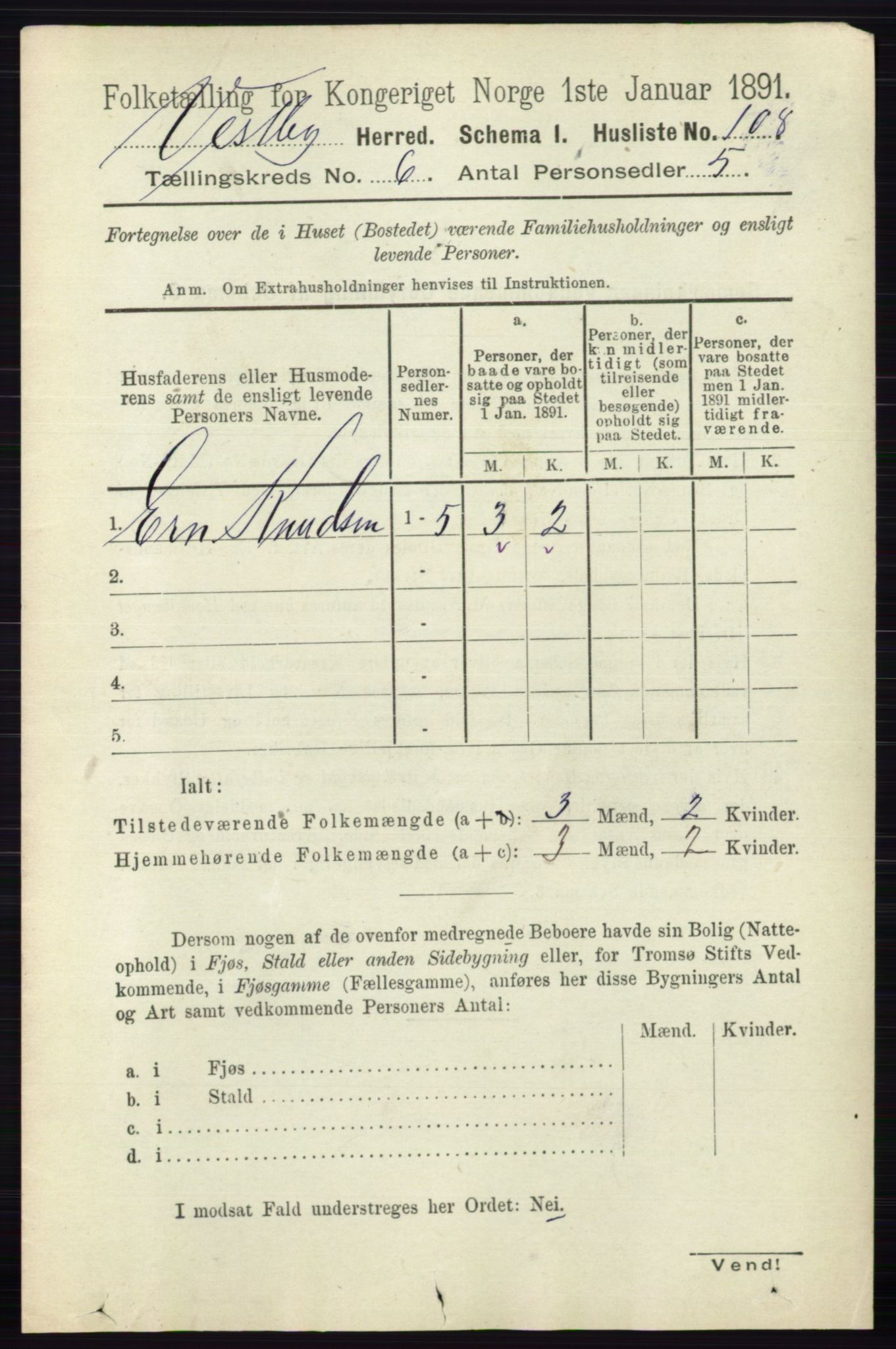 RA, 1891 census for 0211 Vestby, 1891, p. 2911