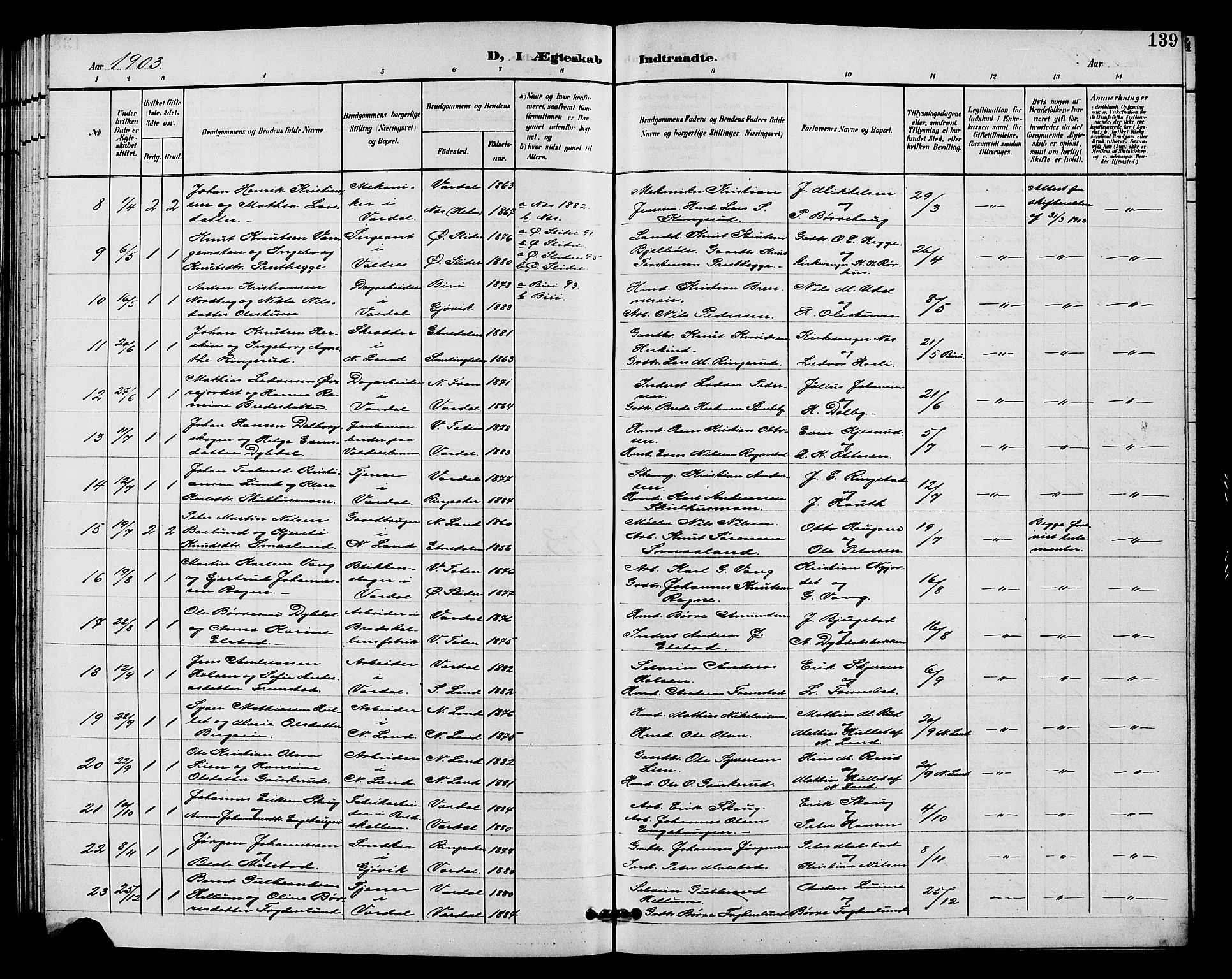 Vardal prestekontor, SAH/PREST-100/H/Ha/Hab/L0011: Parish register (copy) no. 11, 1899-1913, p. 139