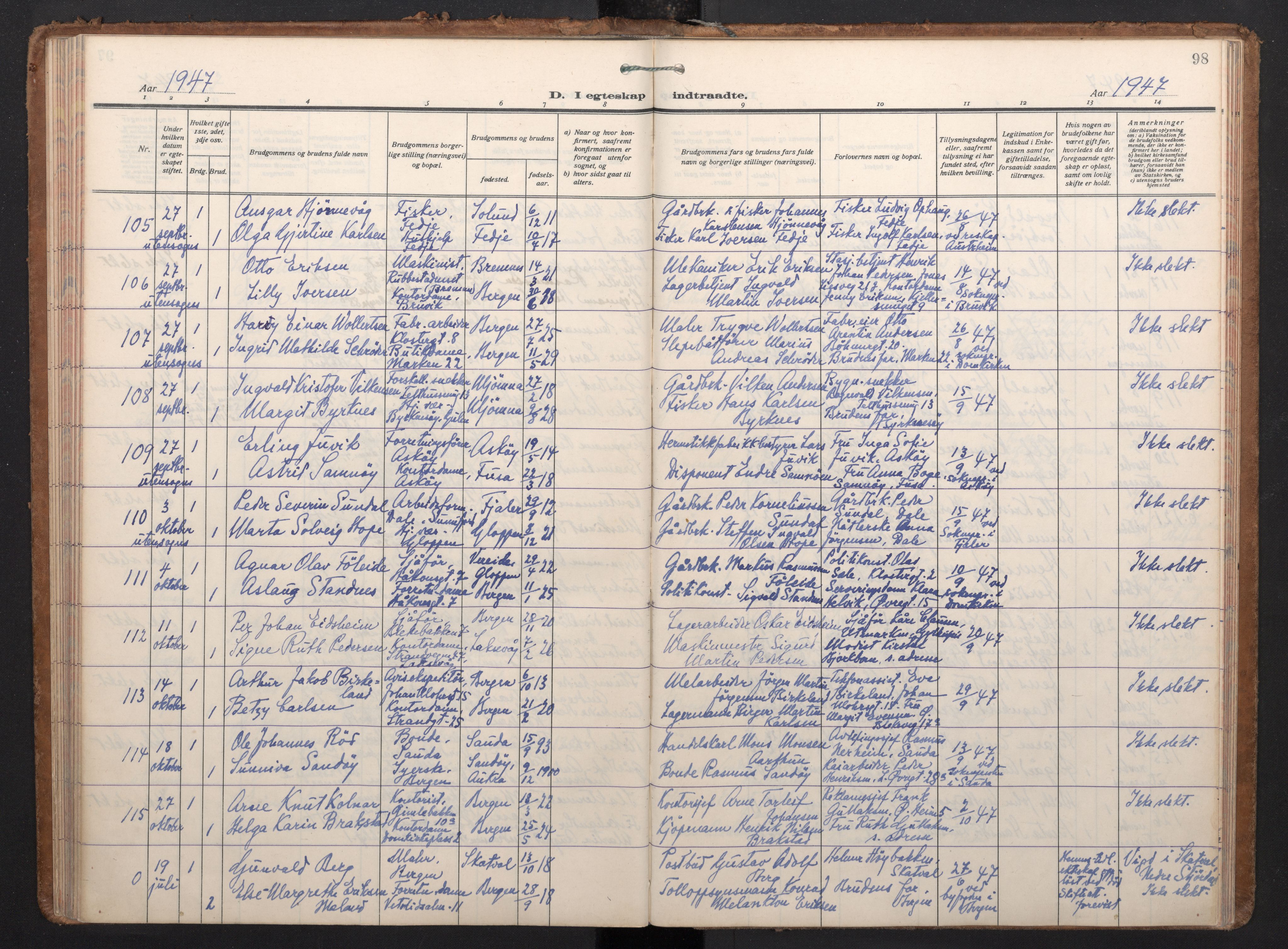 Korskirken sokneprestembete, AV/SAB-A-76101/H/Haa/L0040: Parish register (official) no. D 7, 1938-1952, p. 97b-98a