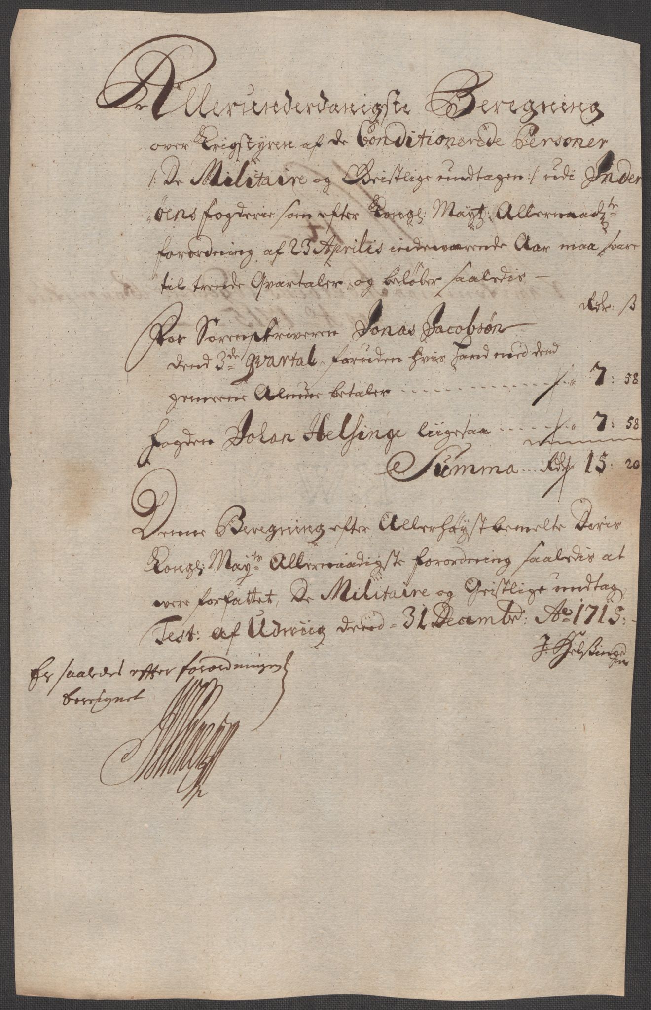 Rentekammeret inntil 1814, Reviderte regnskaper, Fogderegnskap, AV/RA-EA-4092/R63/L4323: Fogderegnskap Inderøy, 1715, p. 210