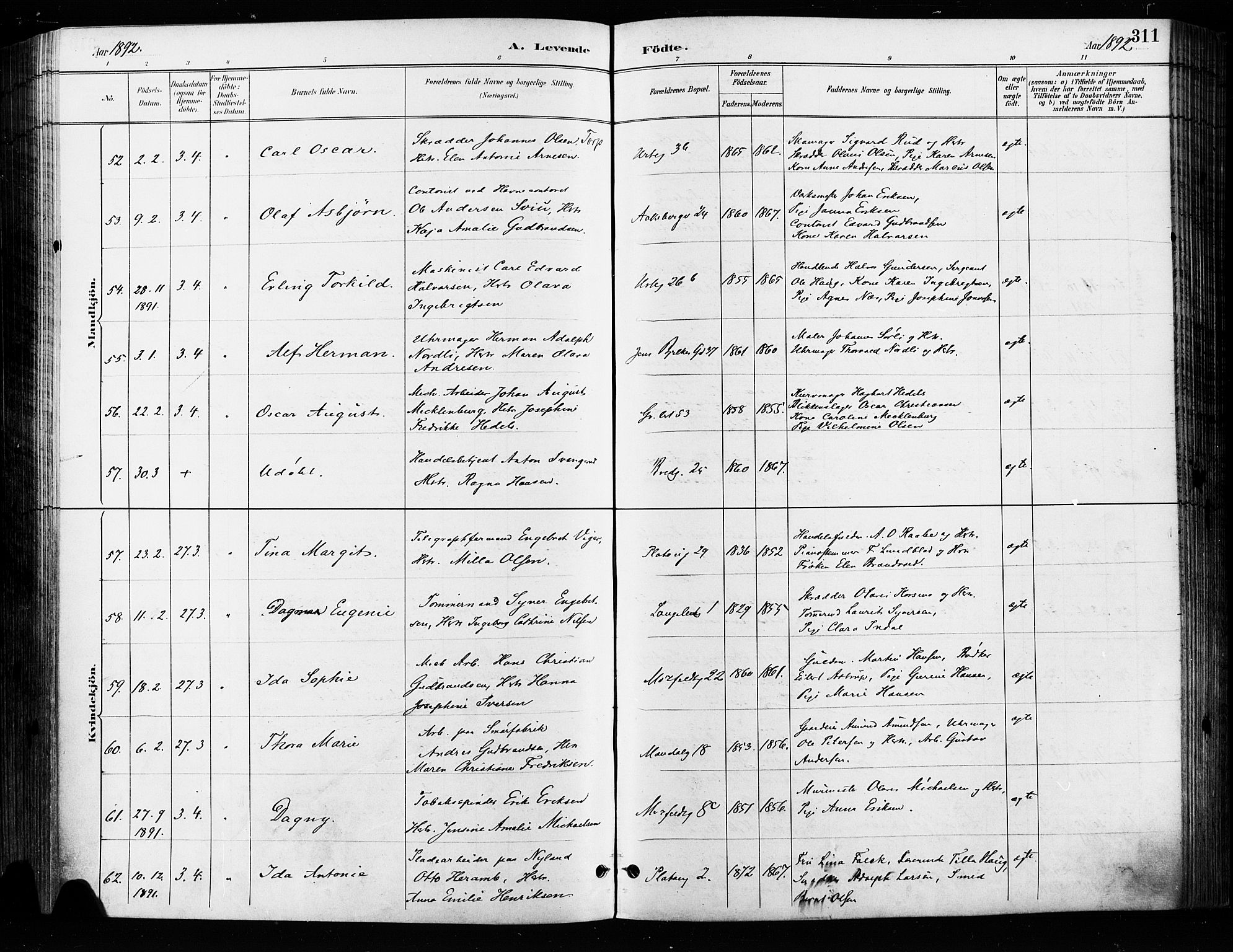 Grønland prestekontor Kirkebøker, SAO/A-10848/F/Fa/L0009: Parish register (official) no. 9, 1888-1893, p. 311