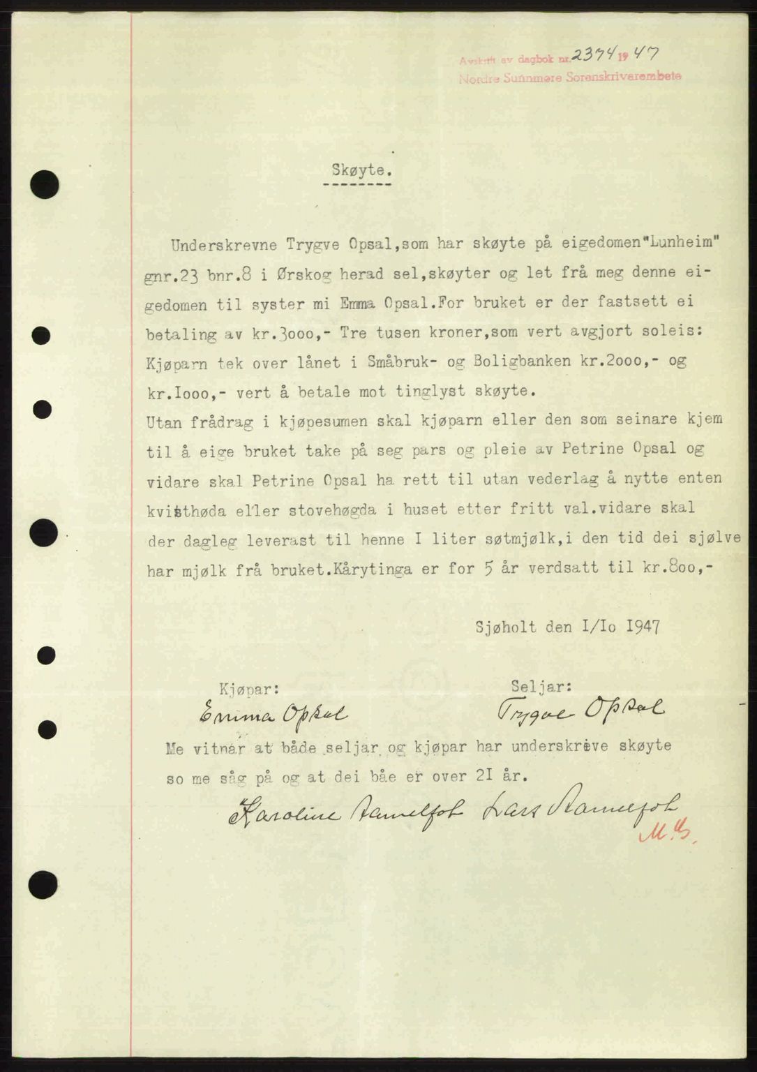 Nordre Sunnmøre sorenskriveri, AV/SAT-A-0006/1/2/2C/2Ca: Mortgage book no. A26, 1947-1948, Diary no: : 2374/1947