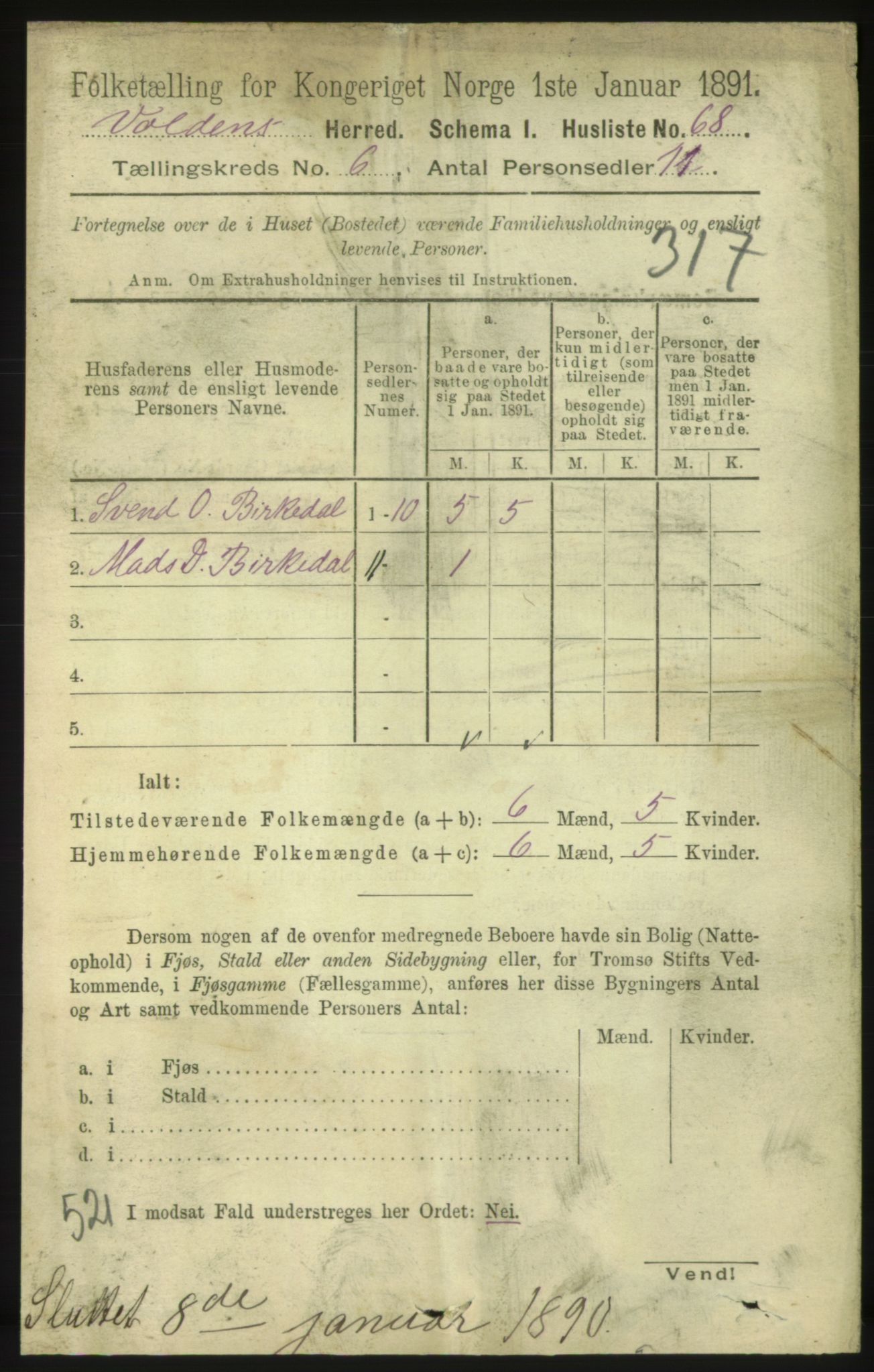 RA, 1891 census for 1519 Volda, 1891, p. 2860