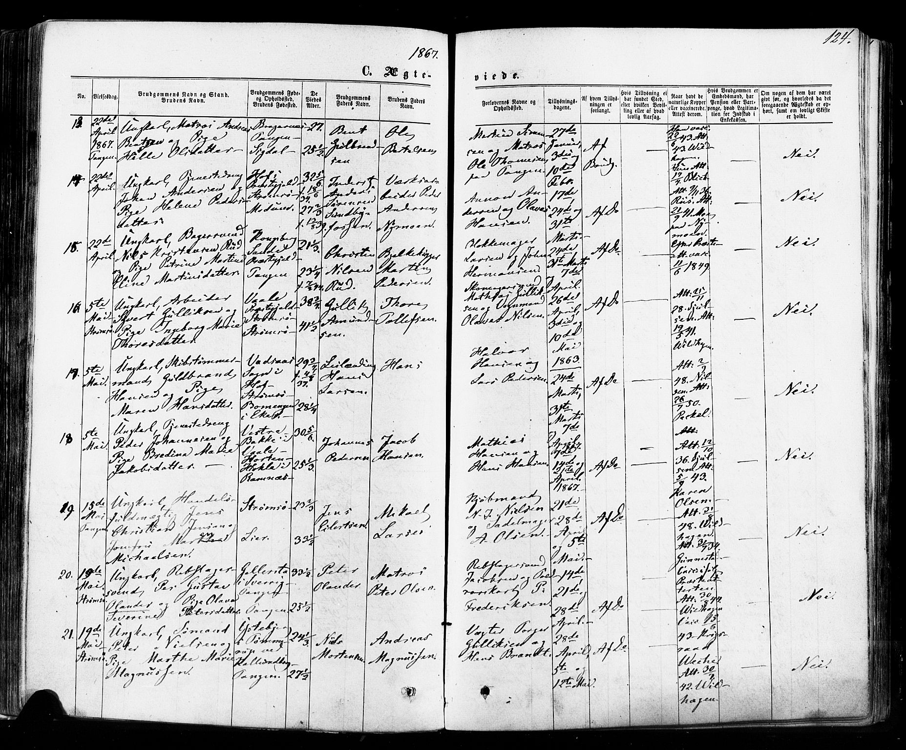 Strømsø kirkebøker, AV/SAKO-A-246/F/Fa/L0018: Parish register (official) no. I 18, 1865-1878, p. 124