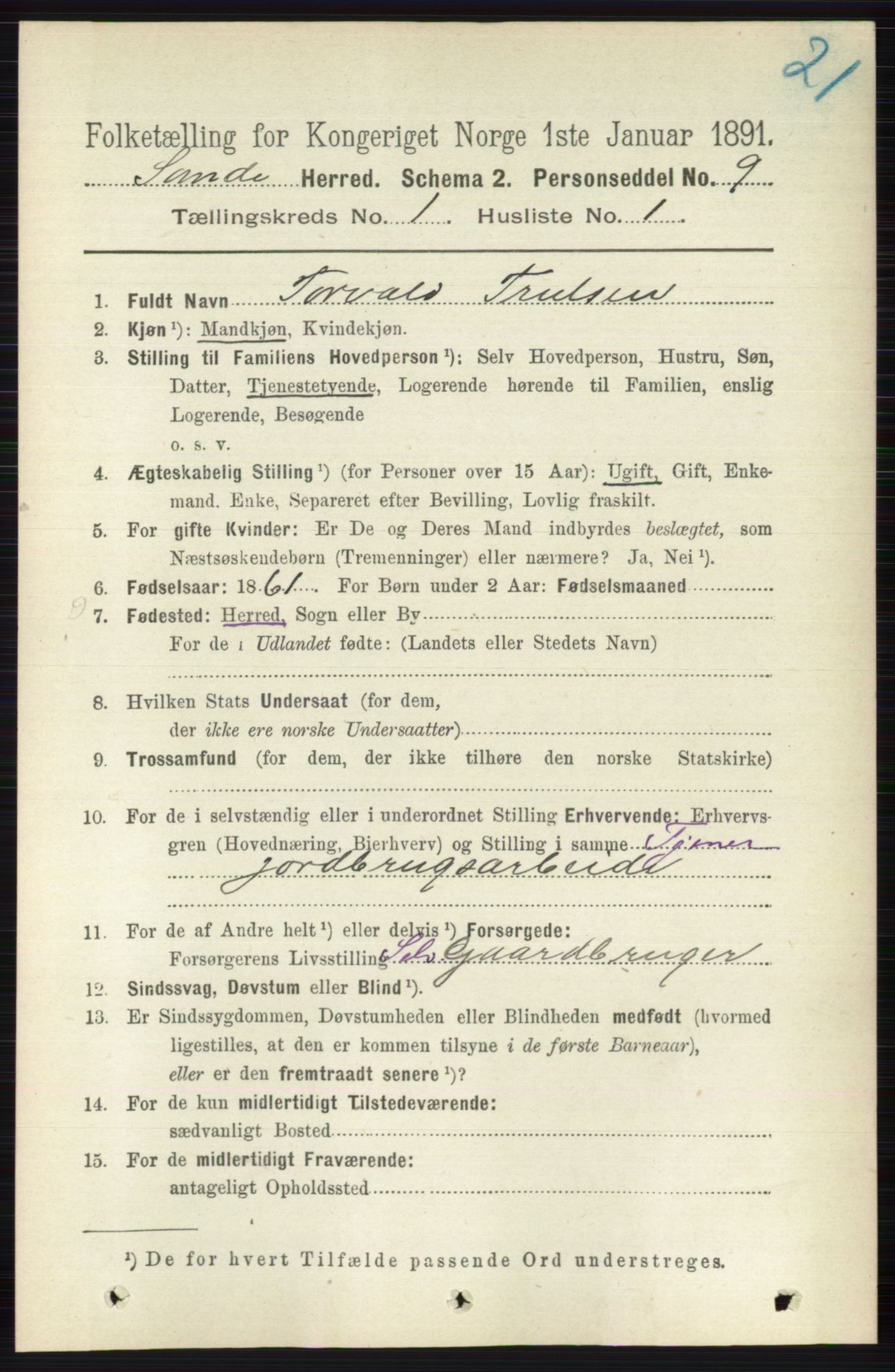 RA, 1891 census for 0713 Sande, 1891, p. 101