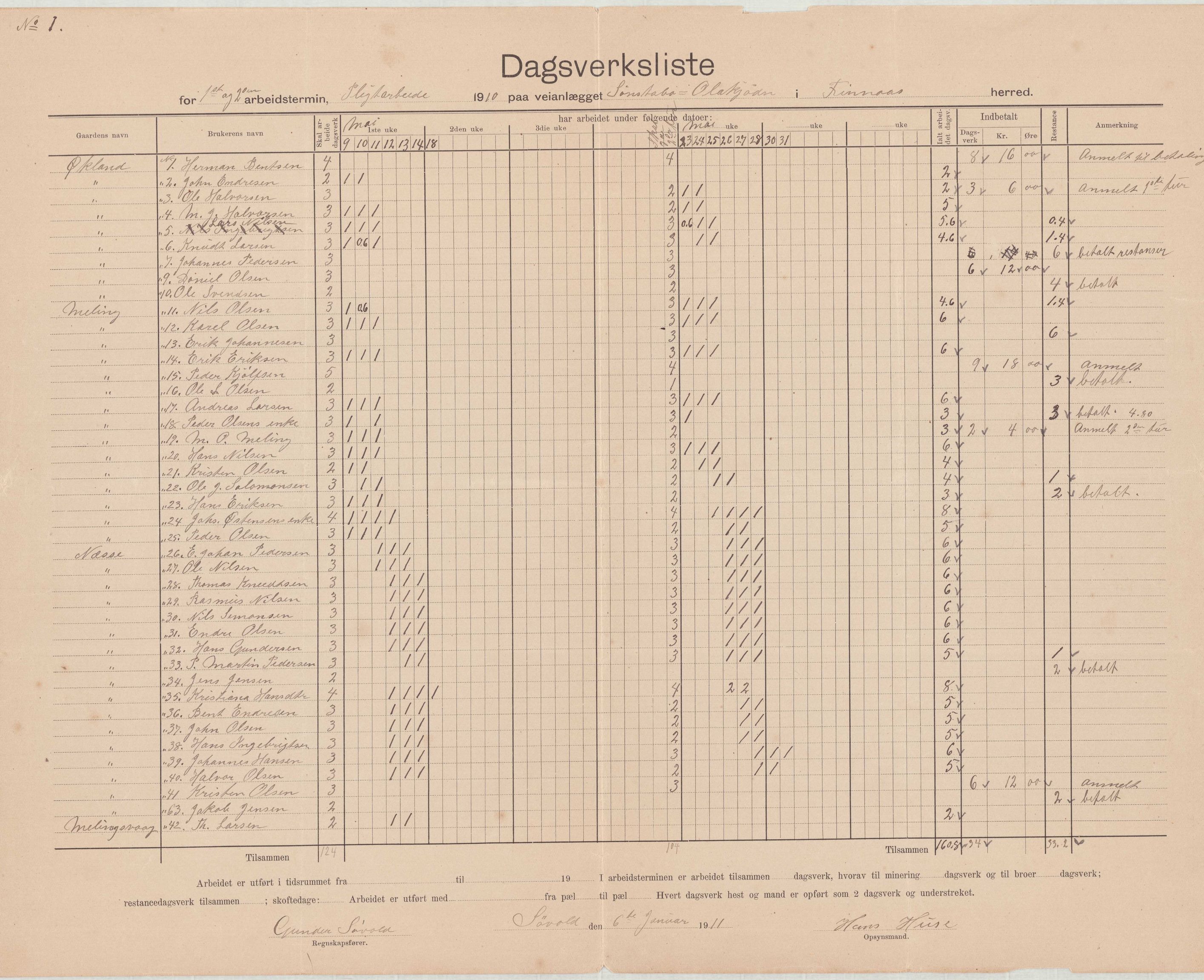 Finnaas kommune. Formannskapet, IKAH/1218a-021/E/Ea/L0001/0006: Rekneskap for veganlegg / Rekneskap for veganlegget Sønstabø - Olakjødn, 1909-1914, p. 6