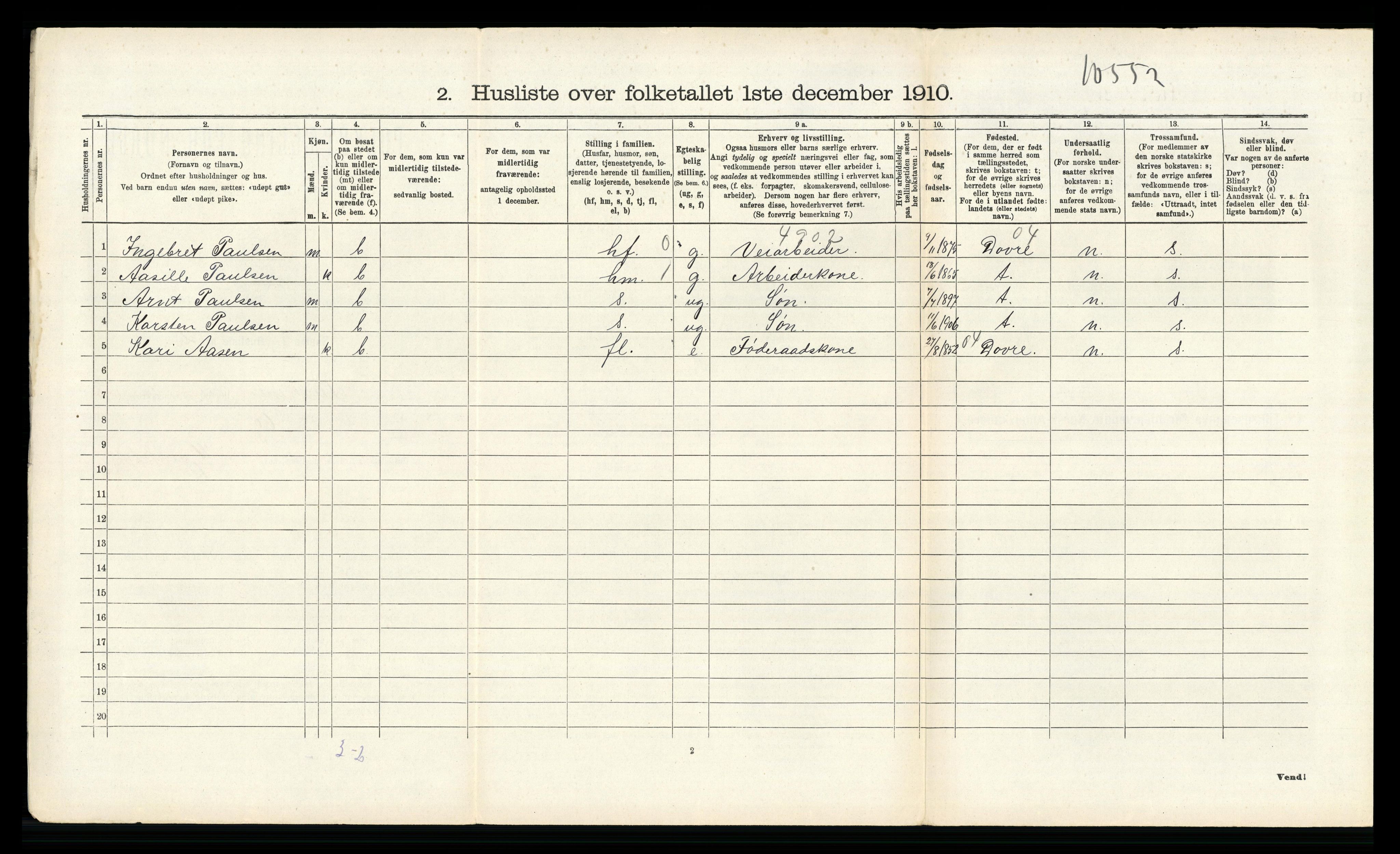 RA, 1910 census for Birkenes, 1910, p. 653