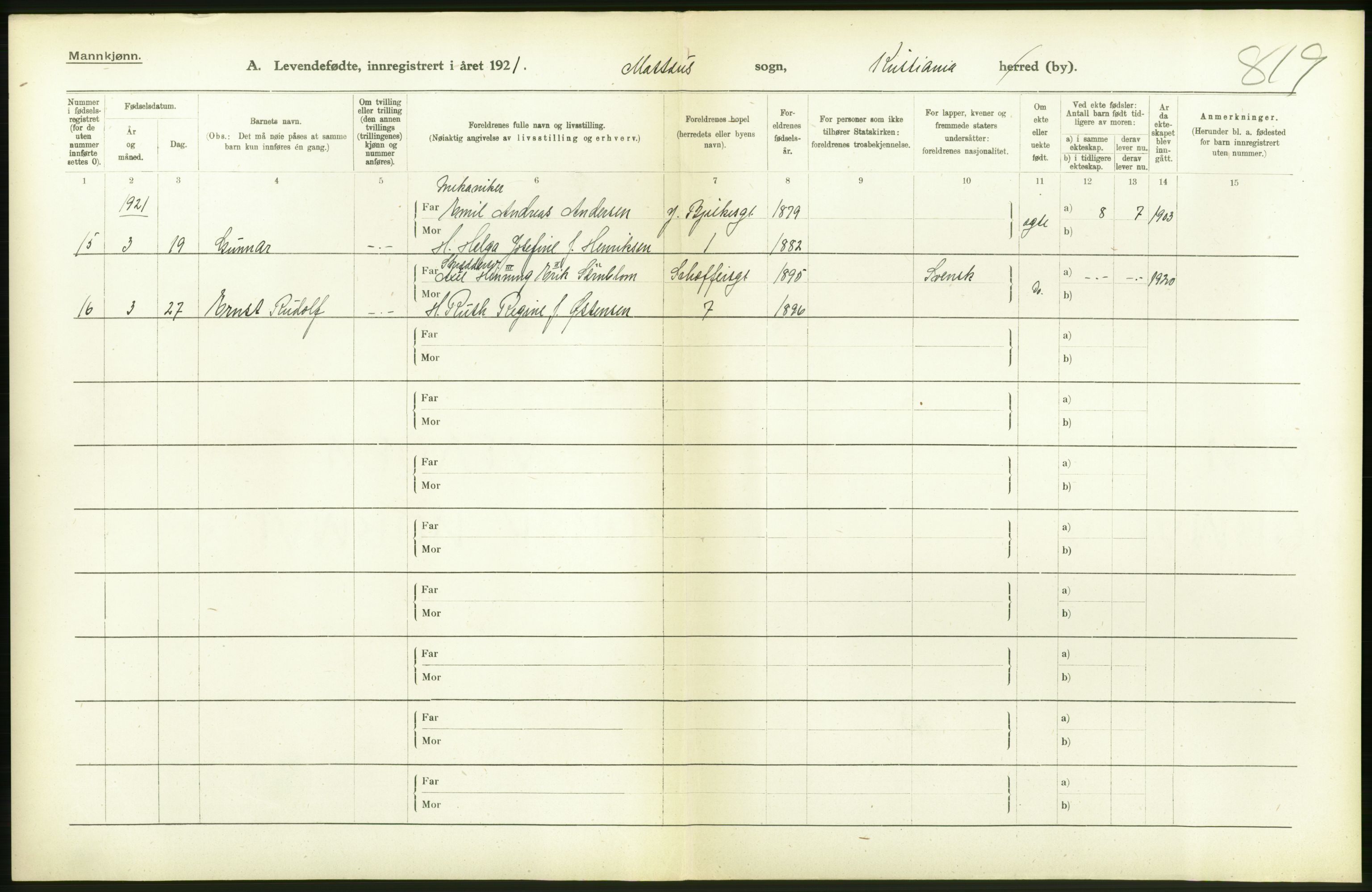 Statistisk sentralbyrå, Sosiodemografiske emner, Befolkning, AV/RA-S-2228/D/Df/Dfc/Dfca/L0008: Kristiania: Levendefødte menn og kvinner., 1921, p. 130