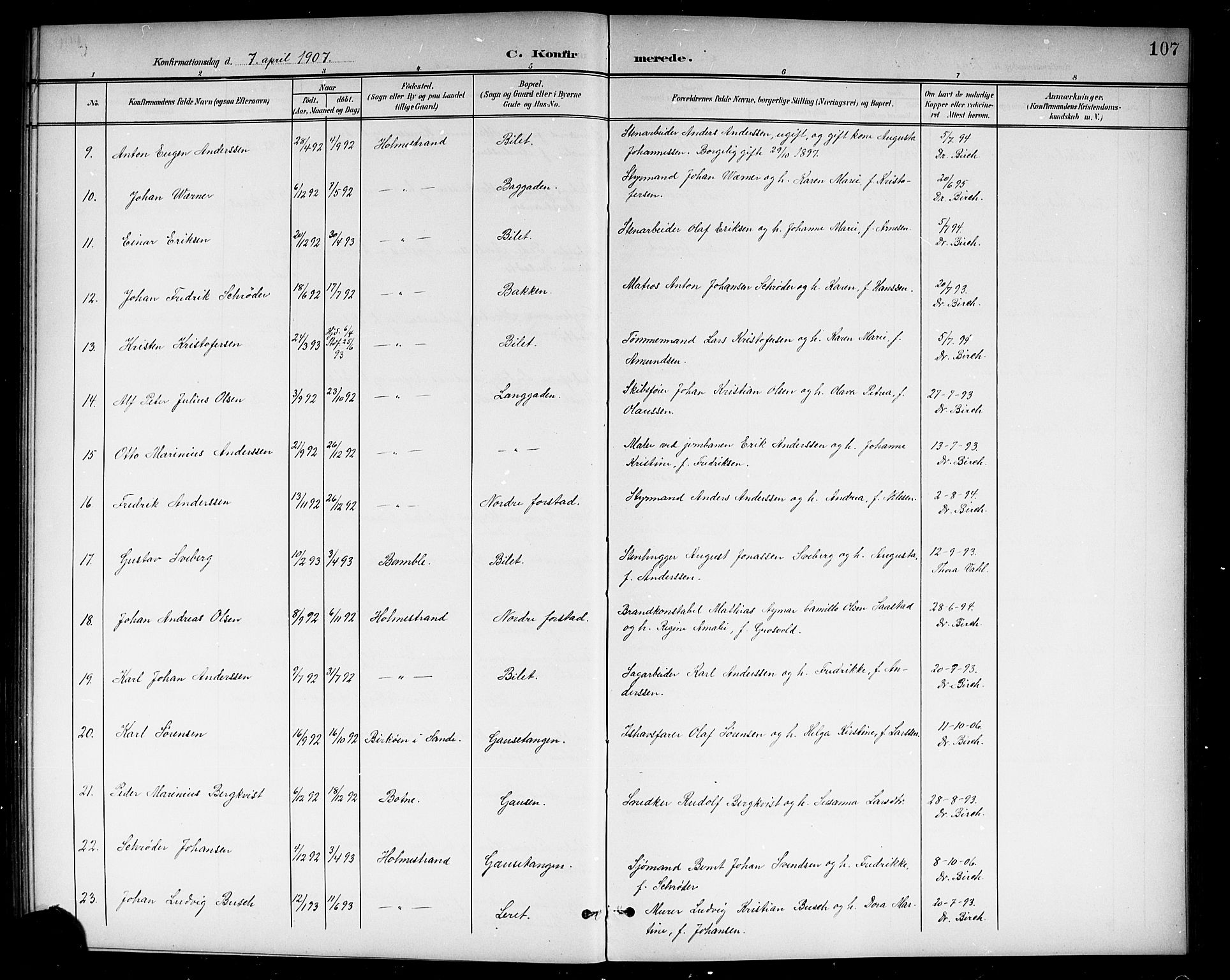 Holmestrand kirkebøker, AV/SAKO-A-346/G/Ga/L0006: Parish register (copy) no. 6, 1901-1923, p. 107