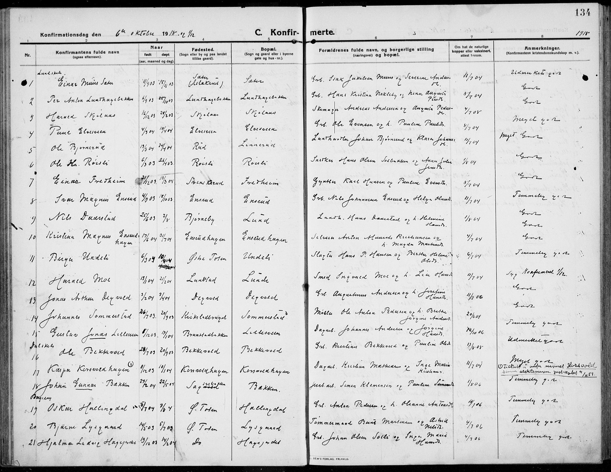 Kolbu prestekontor, AV/SAH-PREST-110/H/Ha/Haa/L0002: Parish register (official) no. 2, 1912-1926, p. 134