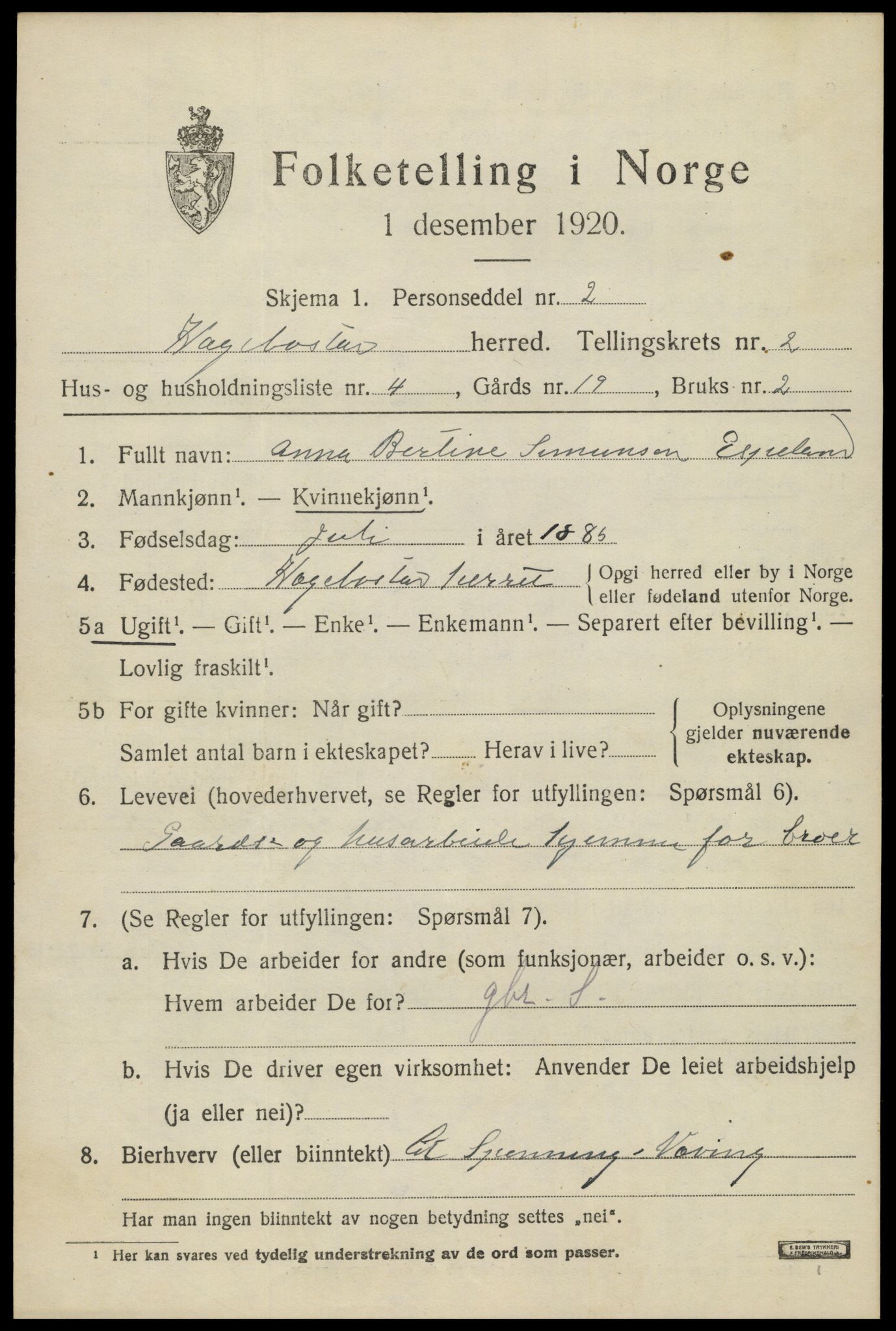 SAK, 1920 census for Hægebostad, 1920, p. 869