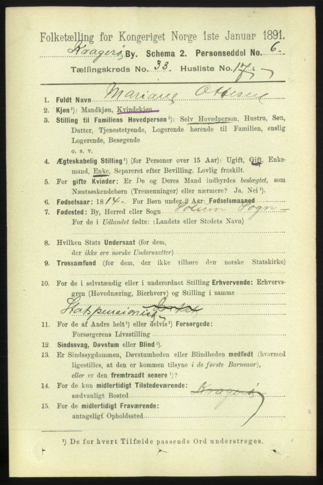 RA, 1891 census for 0801 Kragerø, 1891, p. 6082